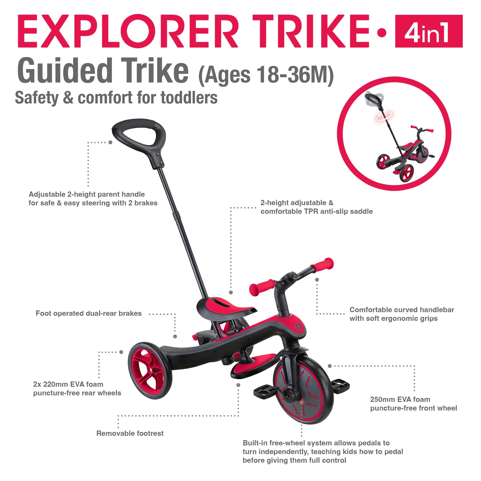 Globber Explorer Trike 4-in-1 - New Red - Award-Winning Fun *New Model* - Ages 10m-5yrs