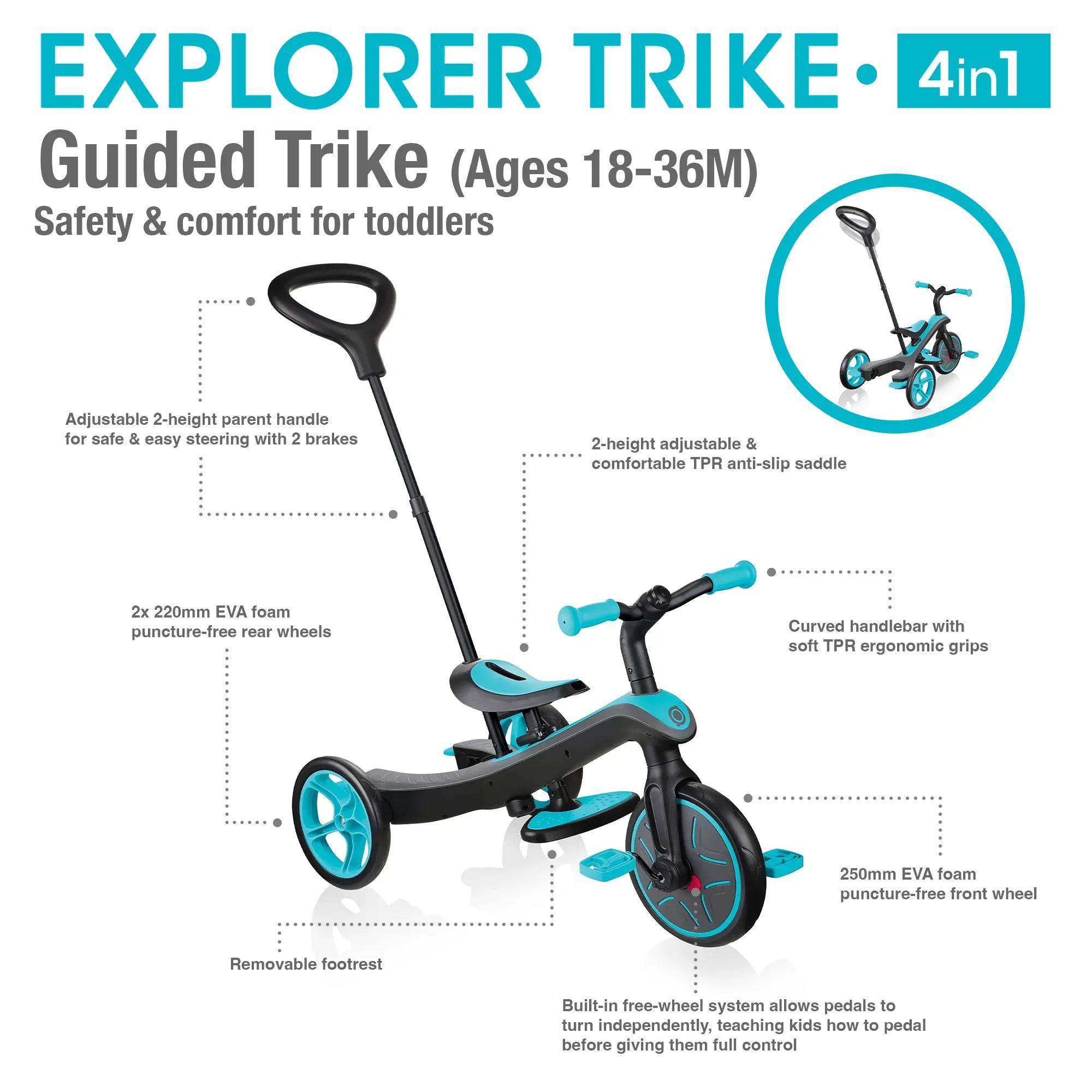 Globber Explorer Trike 4-in-1 - Teal - Award-Winning Fun - Ages 10m-5yrs