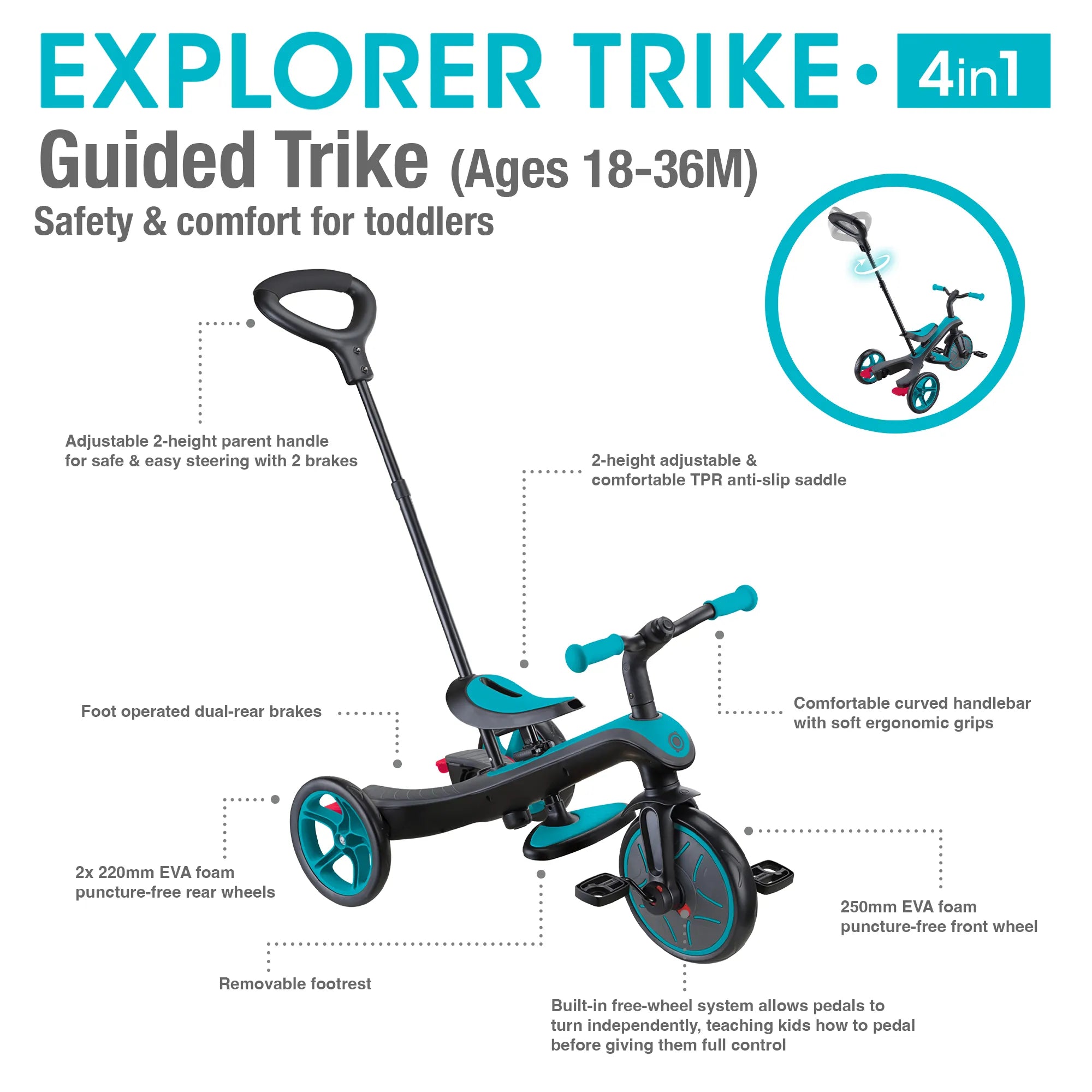 Globber Explorer Trike 4-in-1 - Teal - Award-Winning Fun *New Model* - Ages 10m-5yrs