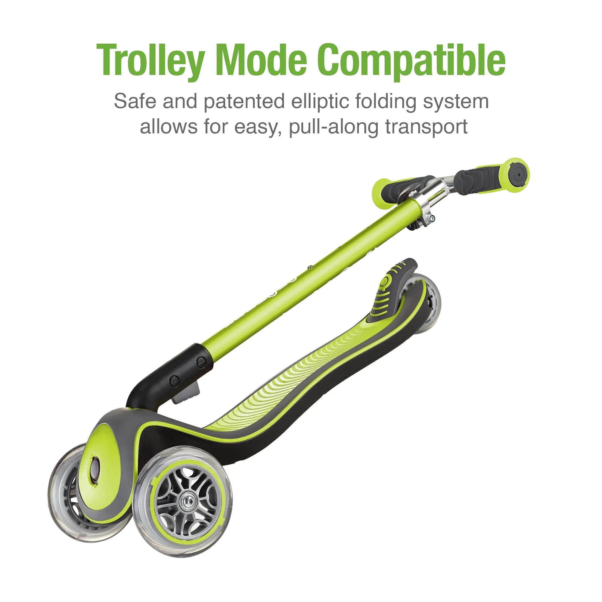 Globber elite deluxe and adjustable 3 wheel scooter lime green front left view displaying it in pull along trolley mode.