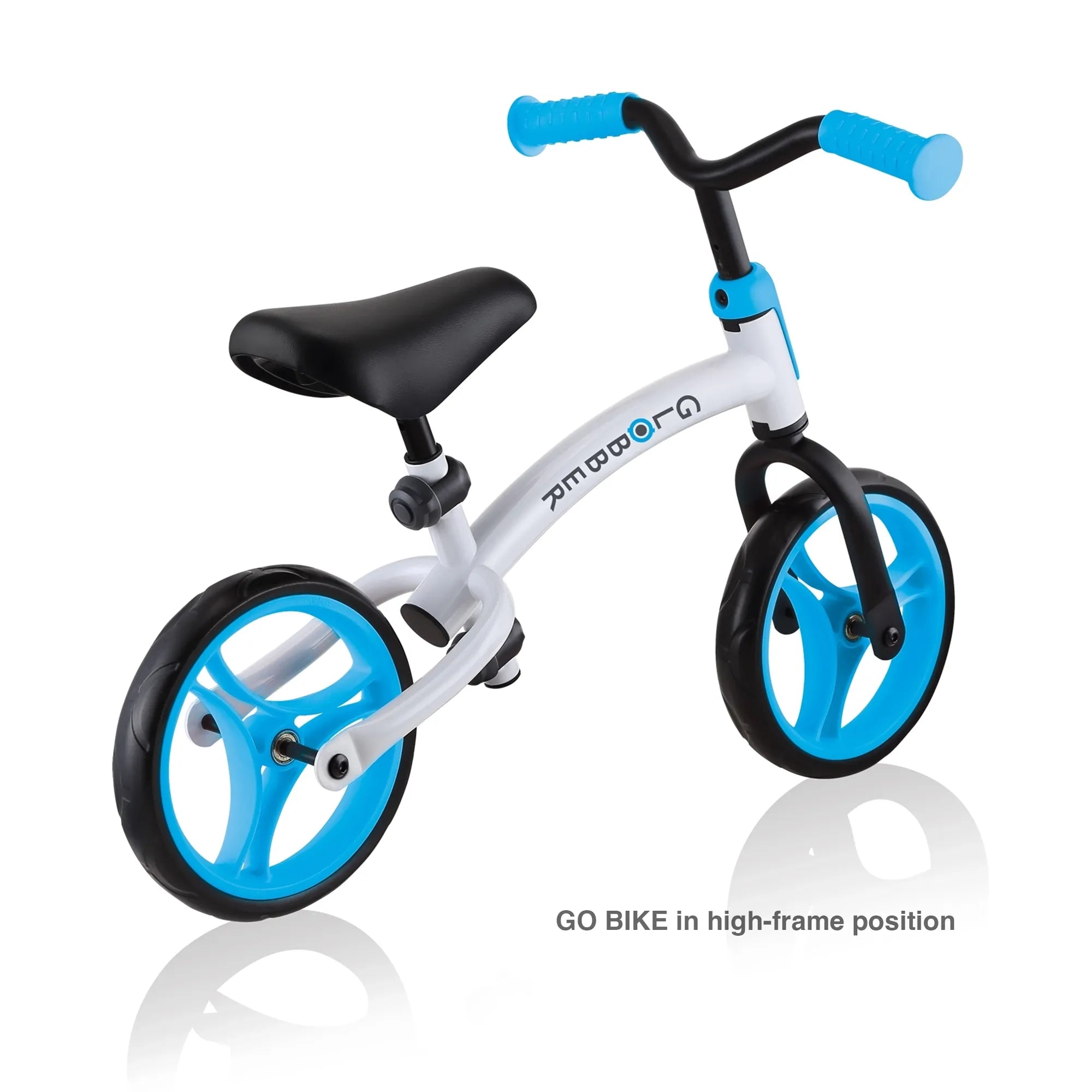 Globber Go Bike Balance Bike Black and Sky Blue Rear View High Frame Option