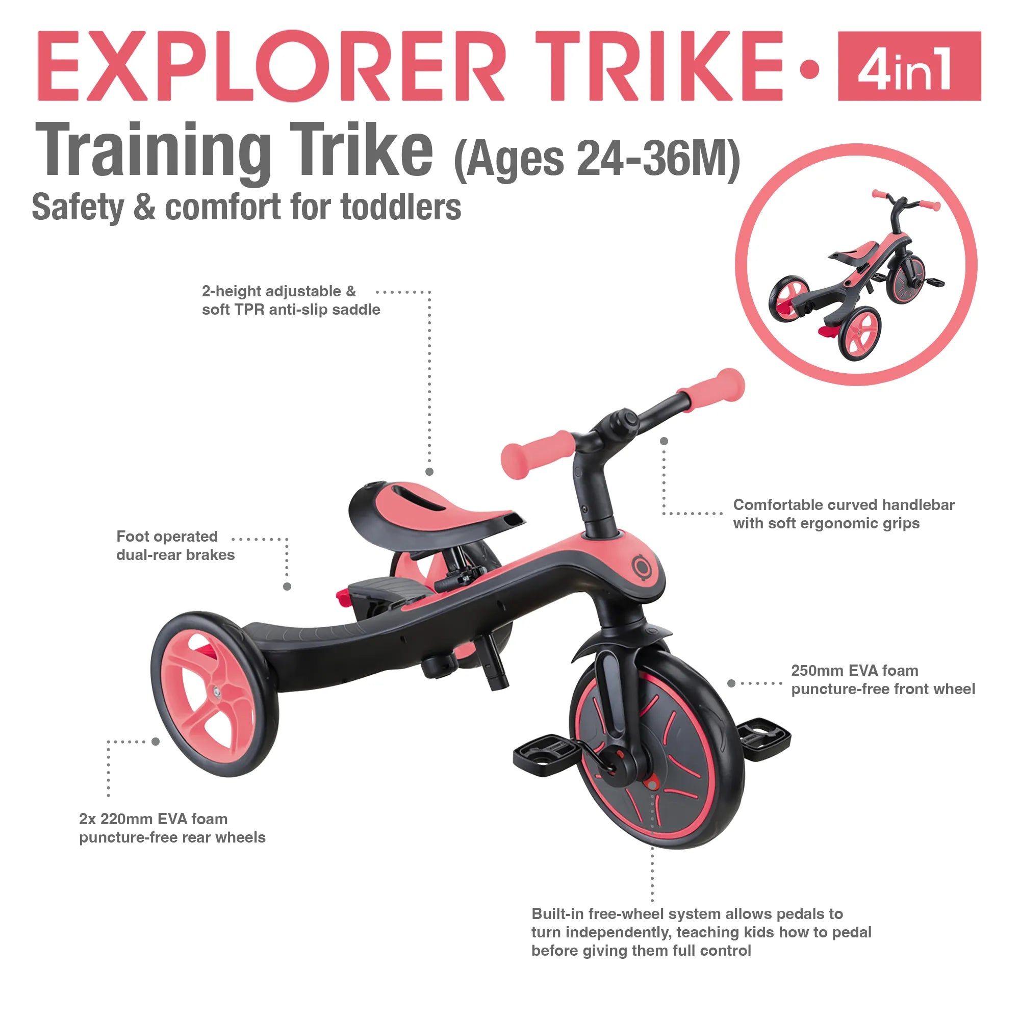 Globber Explorer Trike 4-in-1 - Coral Pink - Award-Winning Fun *New Model* - Ages 10m-5yrs