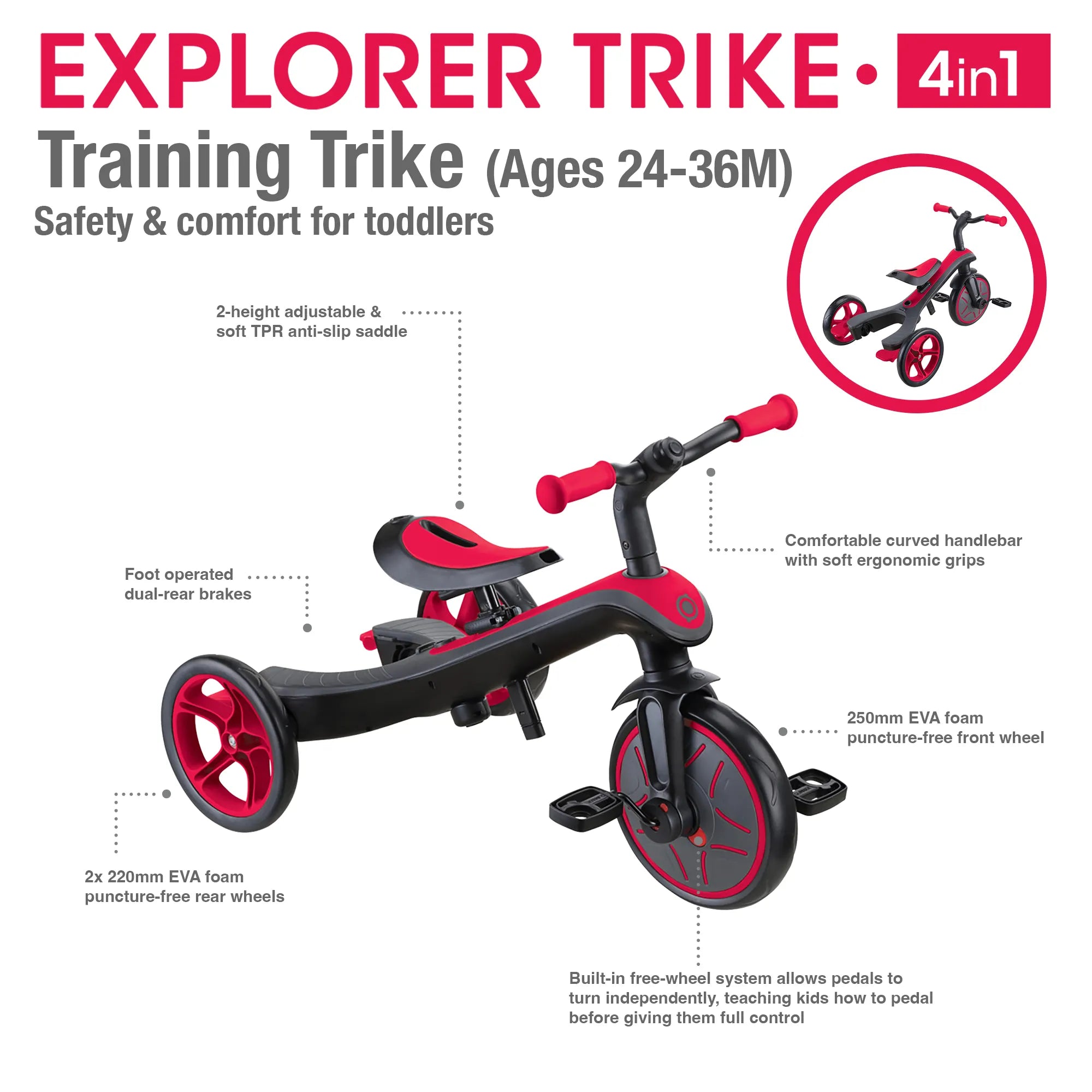 Globber Explorer Trike 4-in-1 - New Red - Award-Winning Fun *New Model* - Ages 10m-5yrs