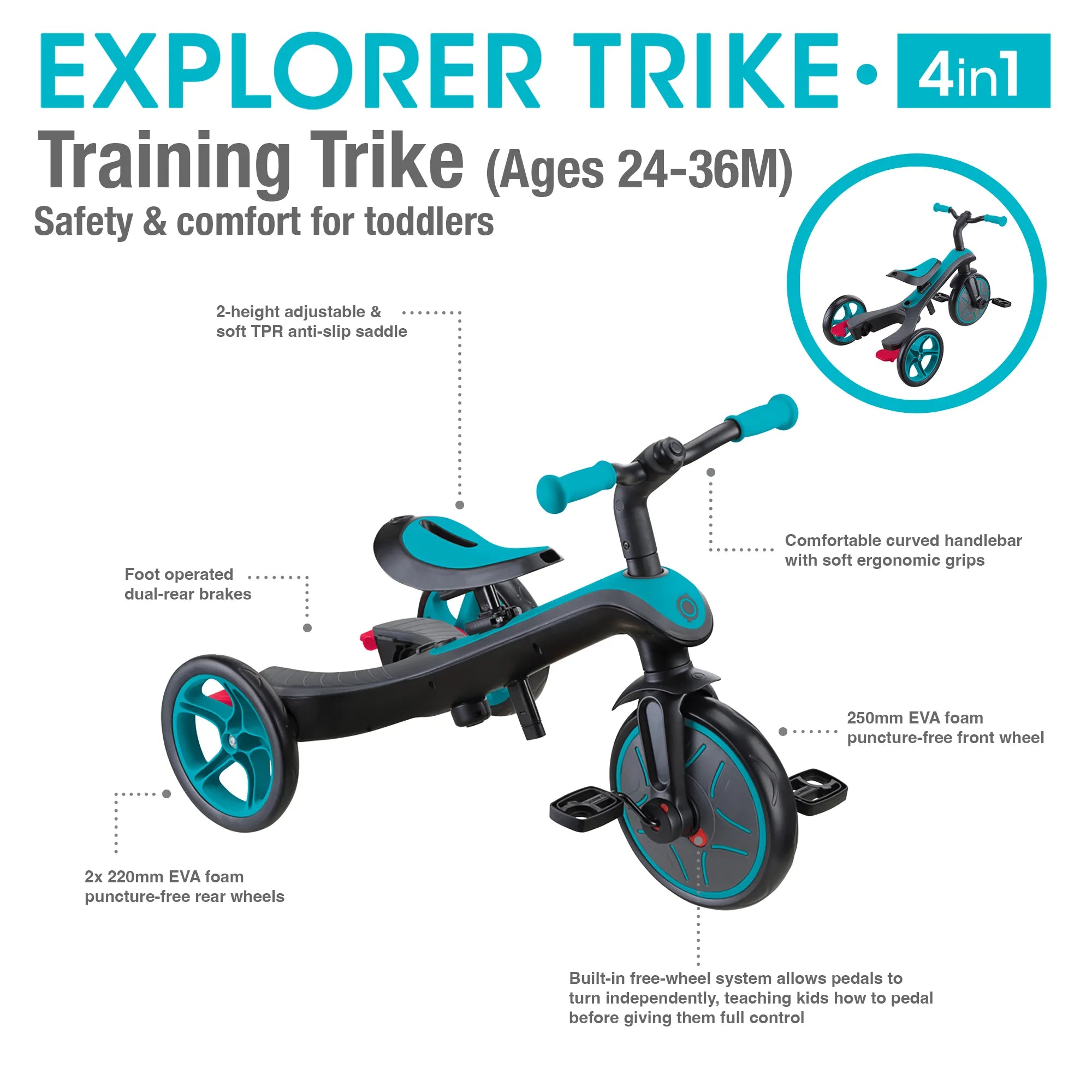 Globber Explorer Trike 4-in-1 - Teal - Award-Winning Fun *New Model* - Ages 10m-5yrs