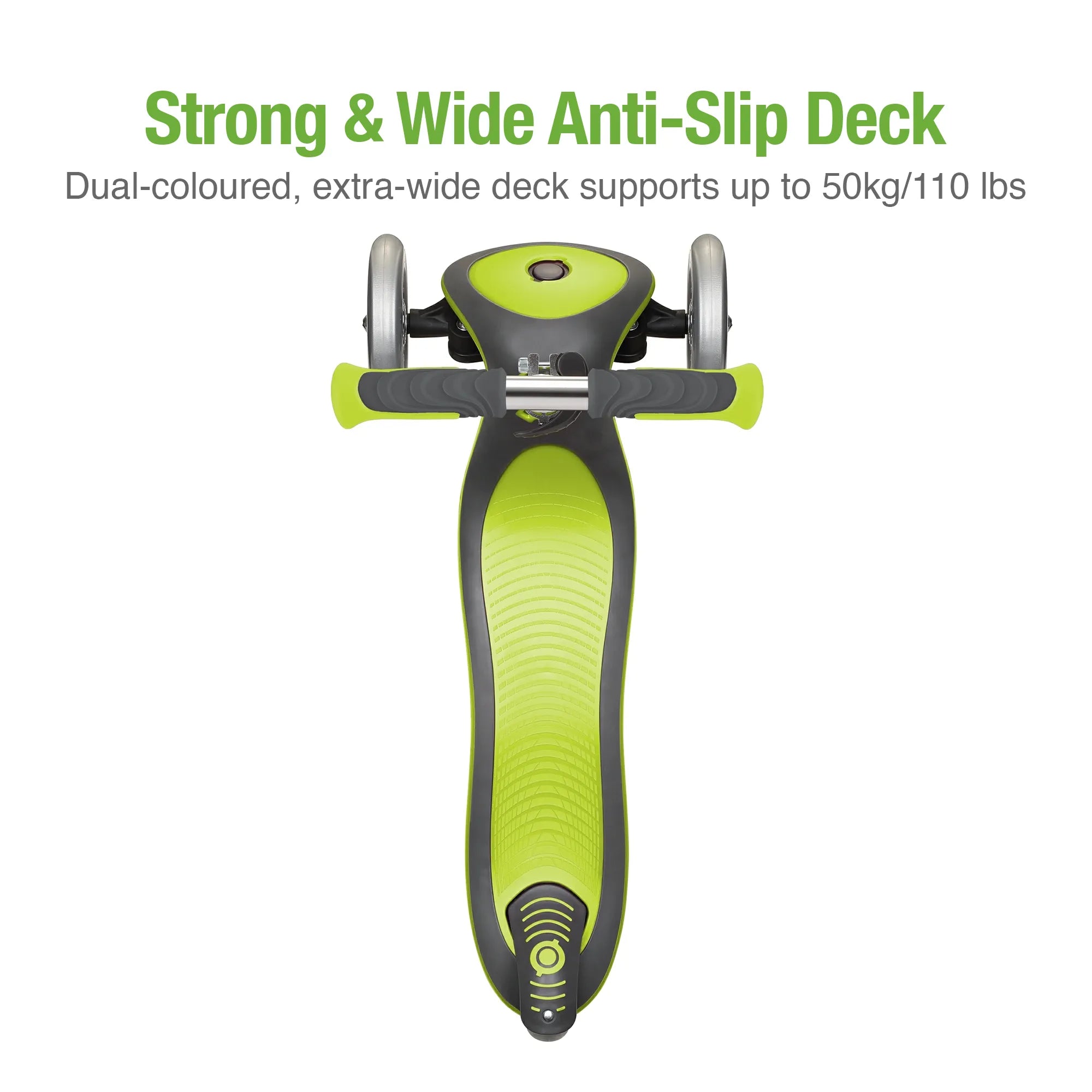 Globber elite deluxe 3 wheel scooter lime green top view of its wide anti slip deck and 110 pound rider weight limit.