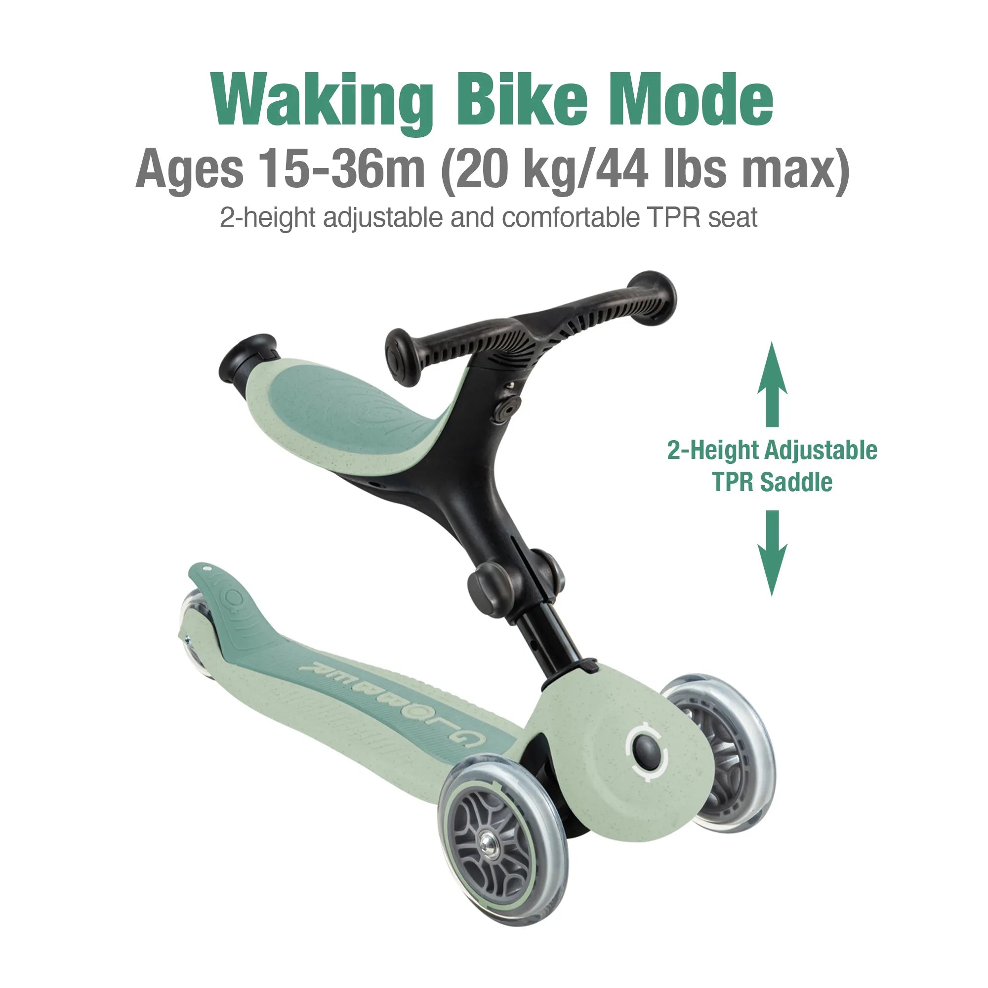 Globber GO•UP Foldable ACTIVE Ecologic 3-in-1 Scooter - 4-Height Adjustable - Award-Winning Planet-Friendly Fun - Pistachio Green - 15m-9+ yrs