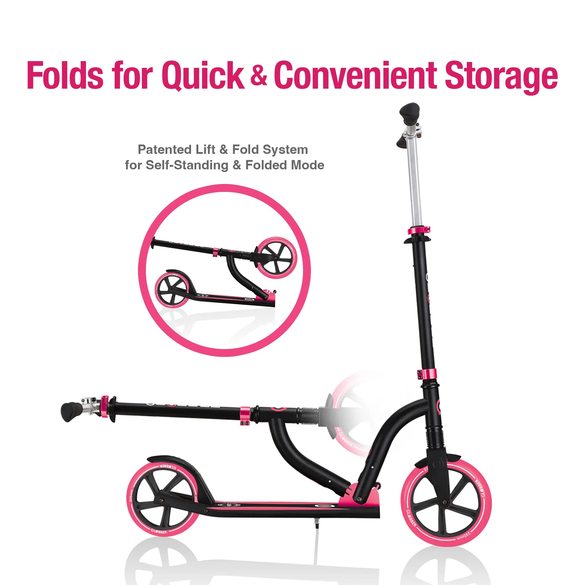 Globber NL 230-205 Duo - Premium Big Wheel Scooter - Adjustable & Foldable - Black & Pink - Ages 14-Adult