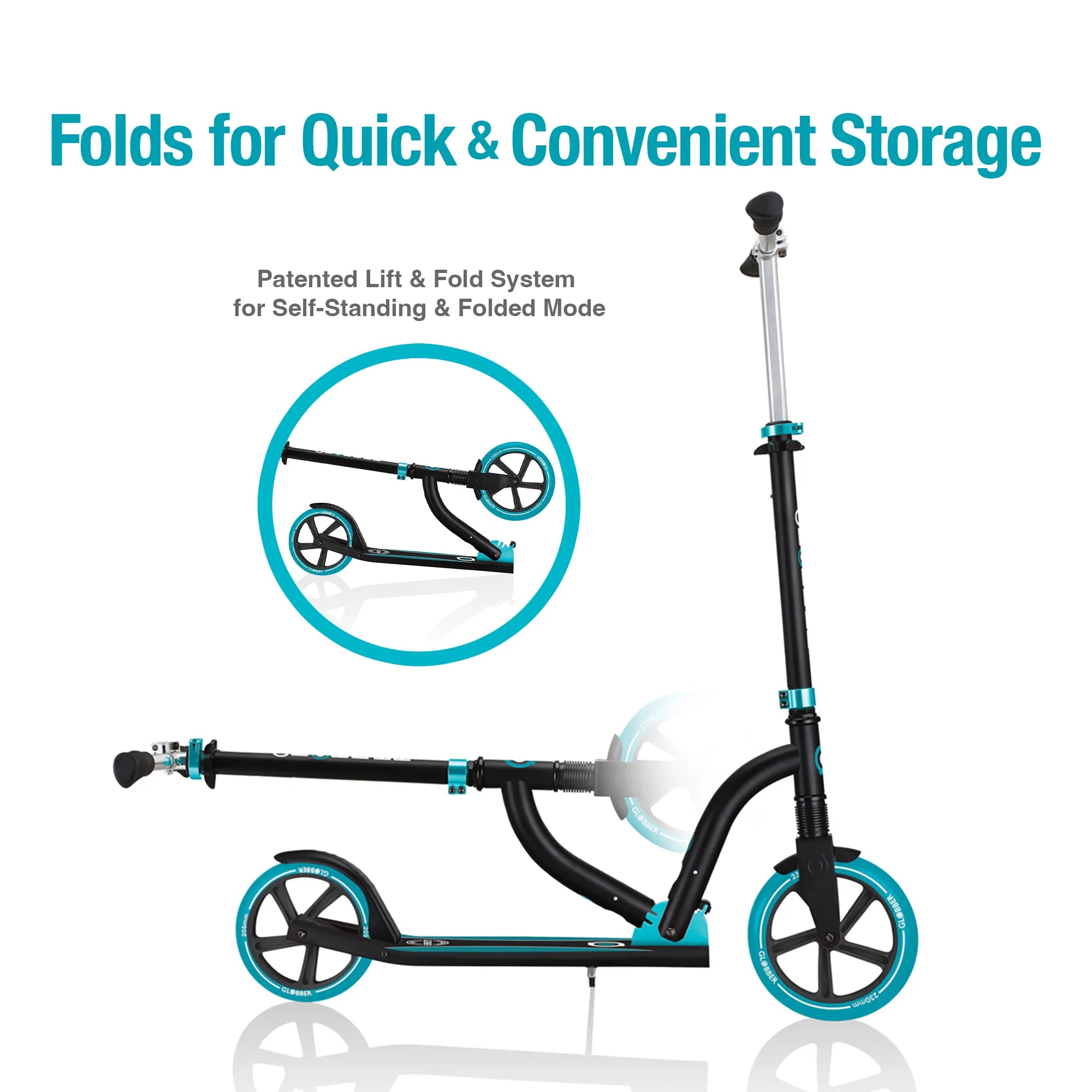 Globber NL 230-205 Duo - Premium Big Wheel Scooter - Adjustable & Foldable - Black & Teal - Ages 14-Adult