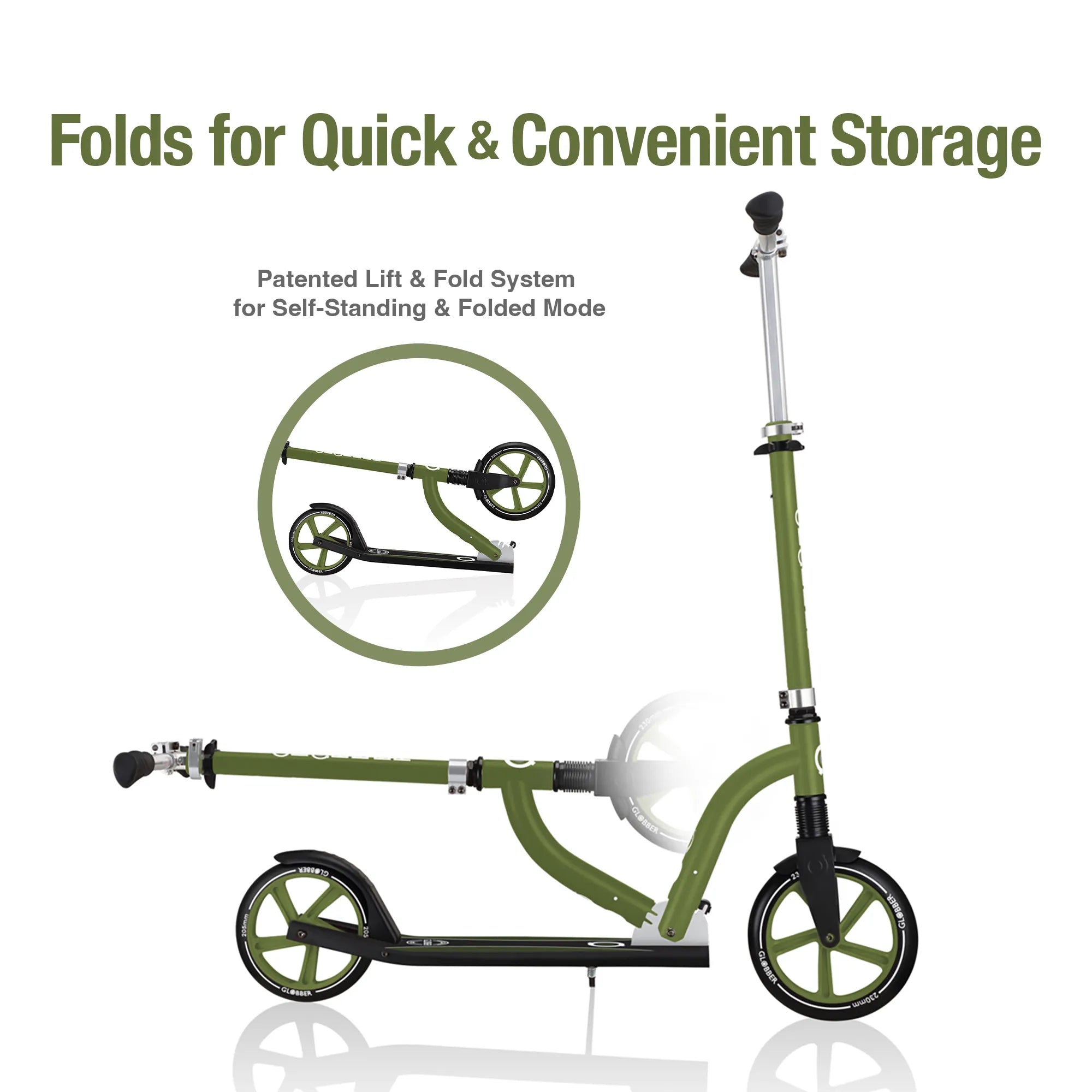 Globber NL 230-205 Duo - Premium Big Wheel Scooter - Adjustable & Foldable - Khaki Green - Ages 14-Adult