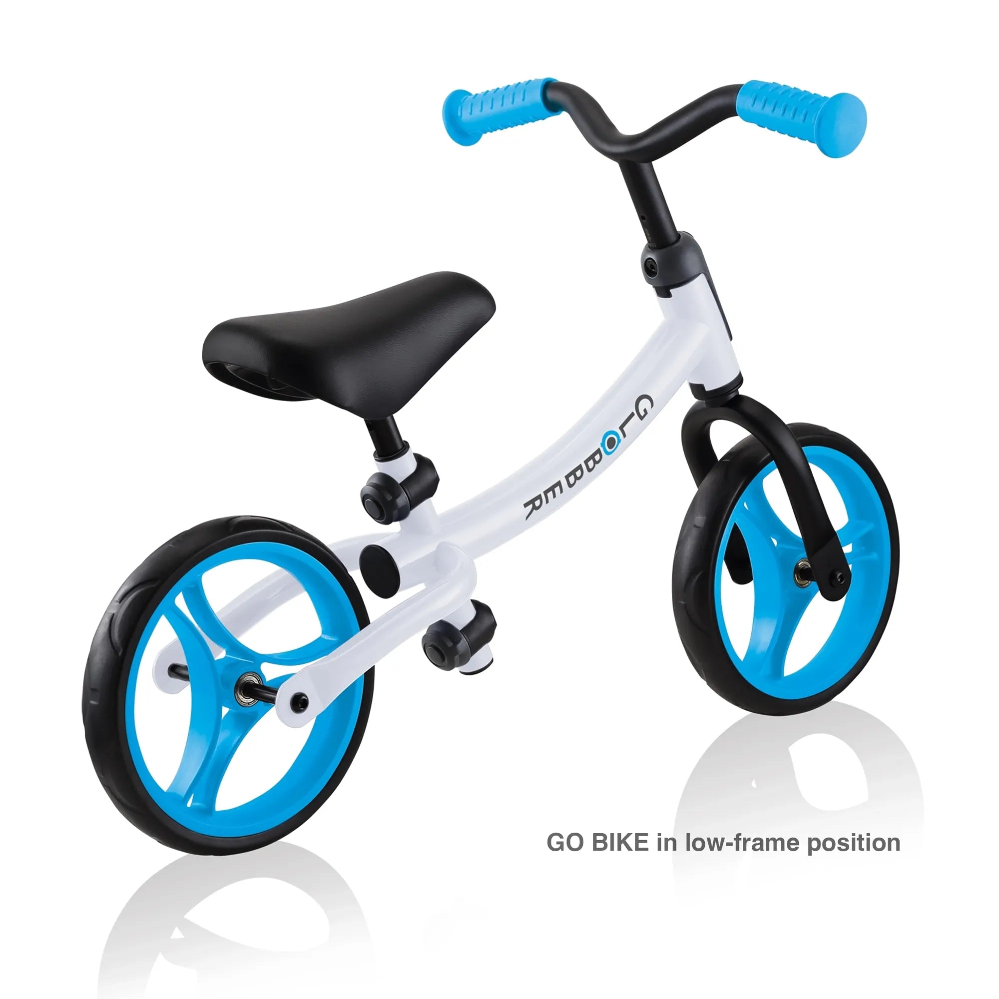 Globber Go Bike Balance Bike Black and Sky Blue Rear View Low Frame Option