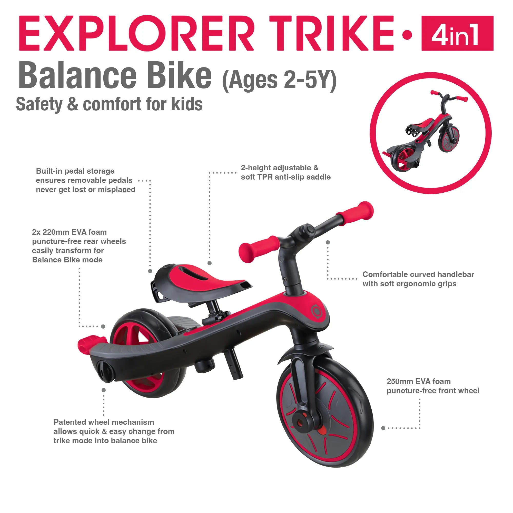 Globber Explorer Trike 4-in-1 - New Red - Award-Winning Fun *New Model* - Ages 10m-5yrs