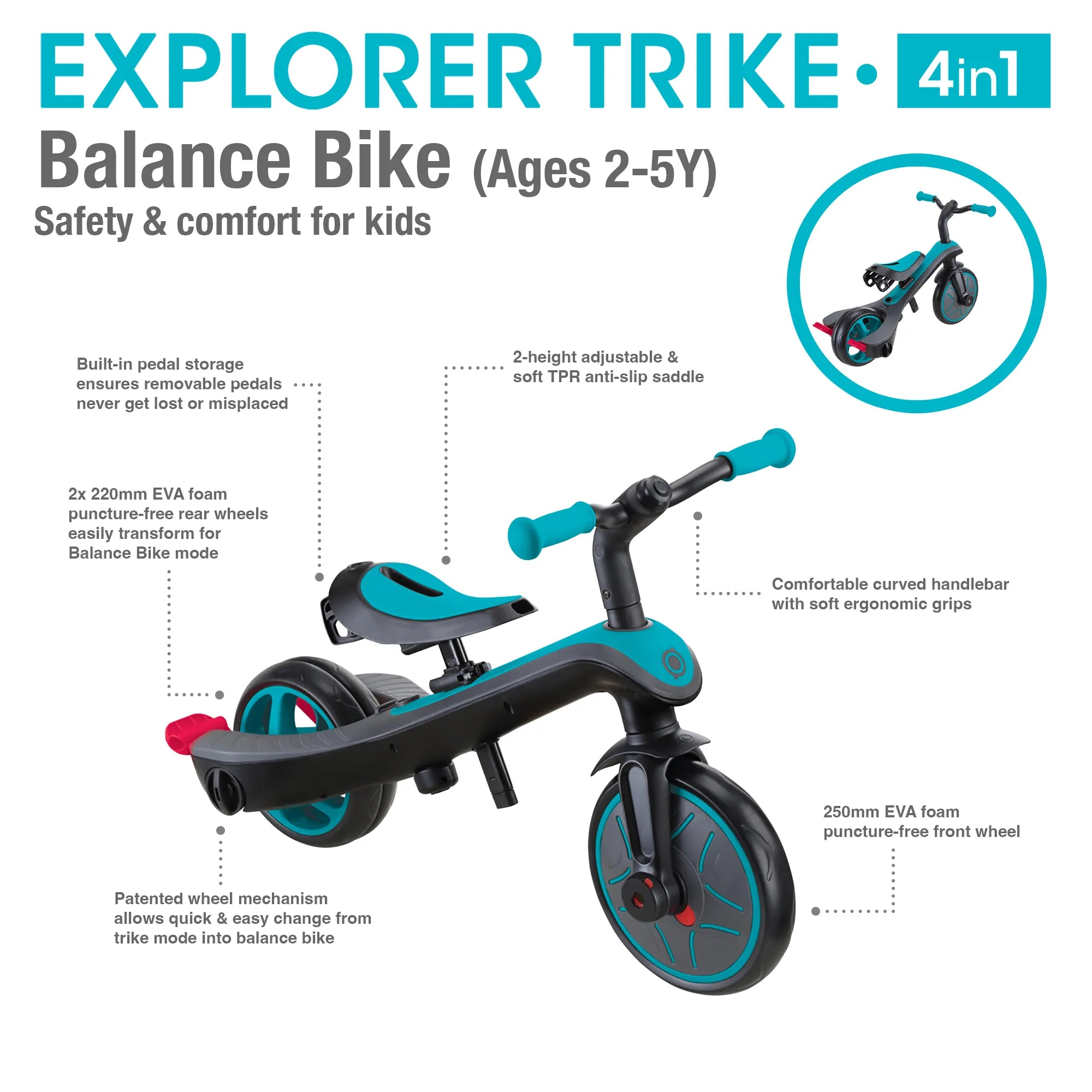 Globber Explorer Trike 4-in-1 - Teal - Award-Winning Fun *New Model* - Ages 10m-5yrs