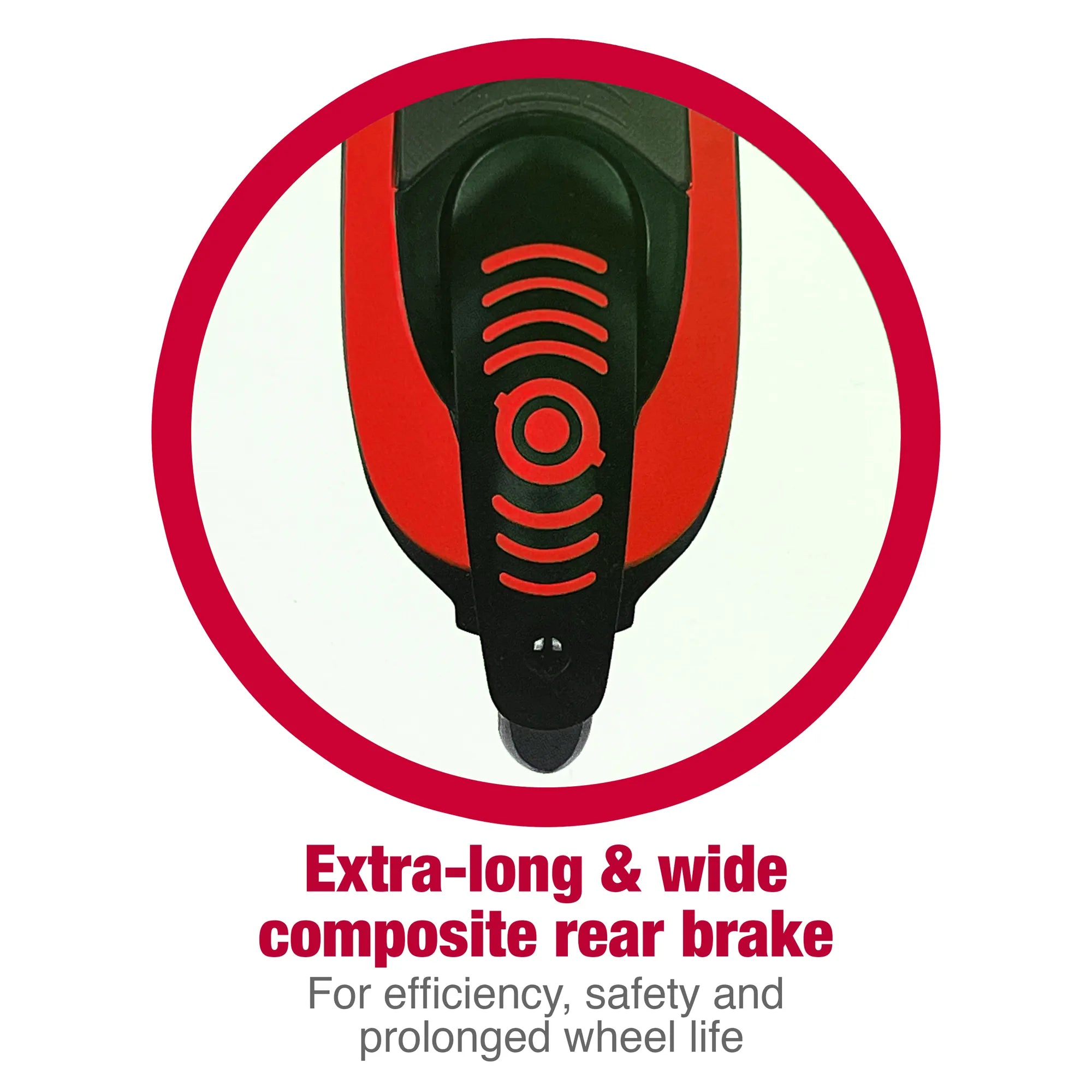 Globber flow 125 black and red overhead close up view of its extra long and wide rear brake that prolongs wheel life.