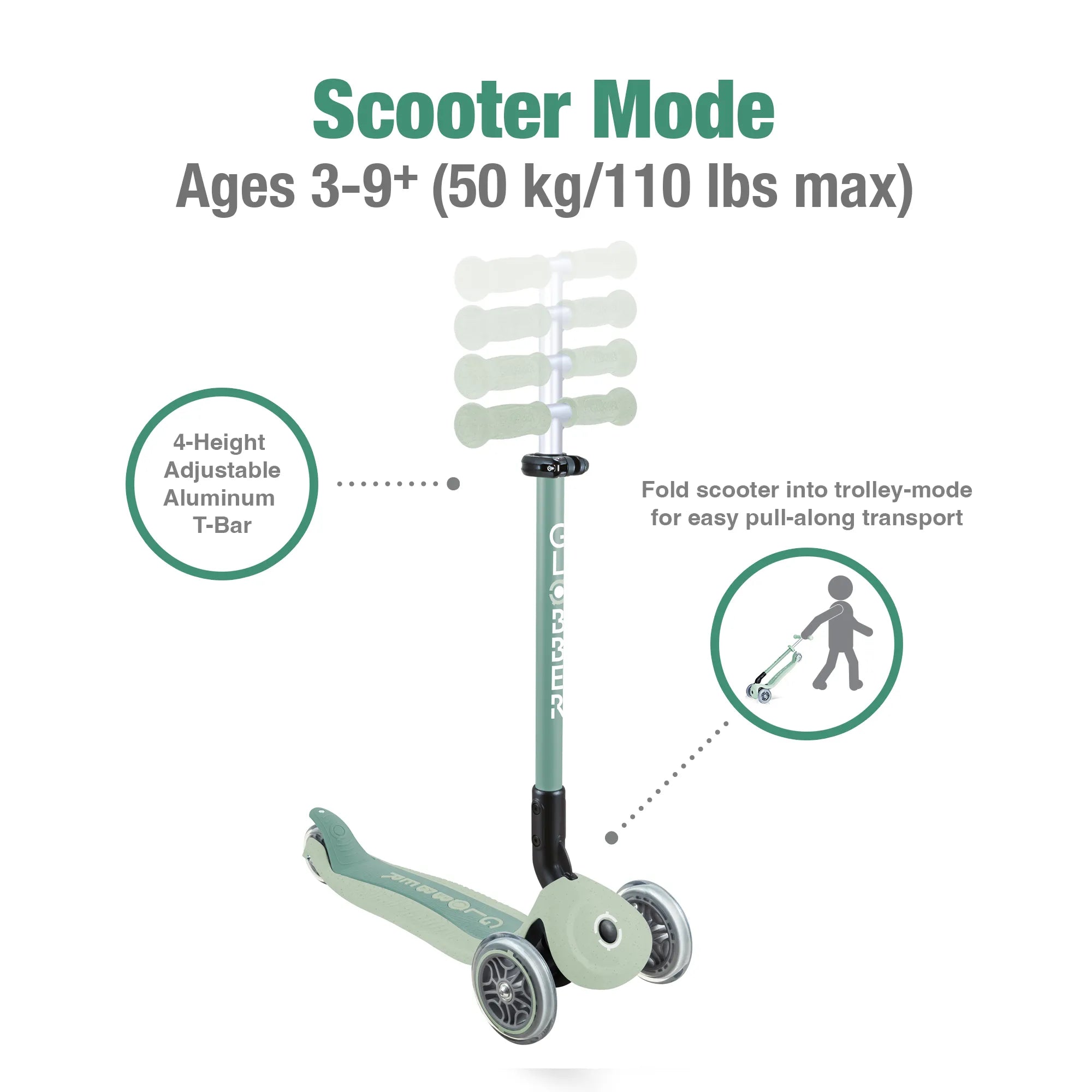Globber GO•UP Foldable ACTIVE Ecologic 3-in-1 Scooter - 4-Height Adjustable - Award-Winning Planet-Friendly Fun - Pistachio Green - 15m-9+ yrs