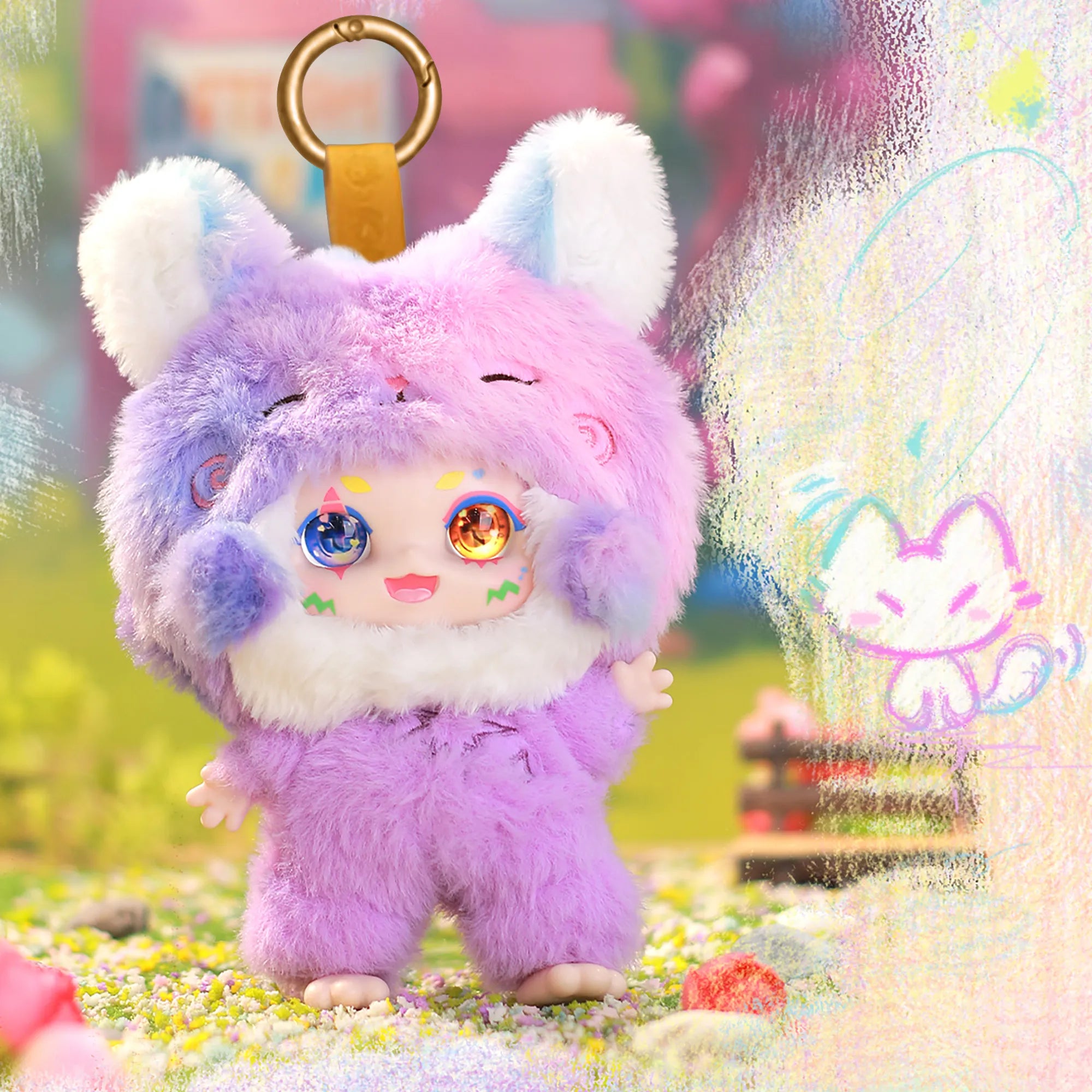 Kimmon Over The Moon colourful kitty themed premium plush doll in an outdoor garden park setting.