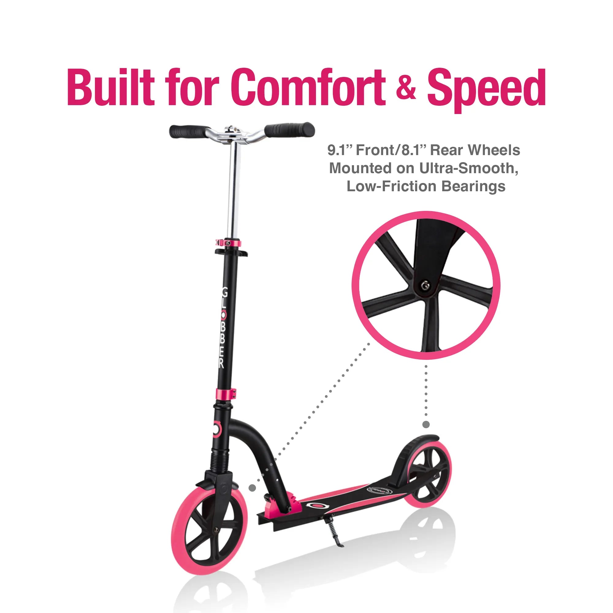 Globber NL 230-205 Duo - Premium Big Wheel Scooter - Adjustable & Foldable - Black & Pink - Ages 14-Adult