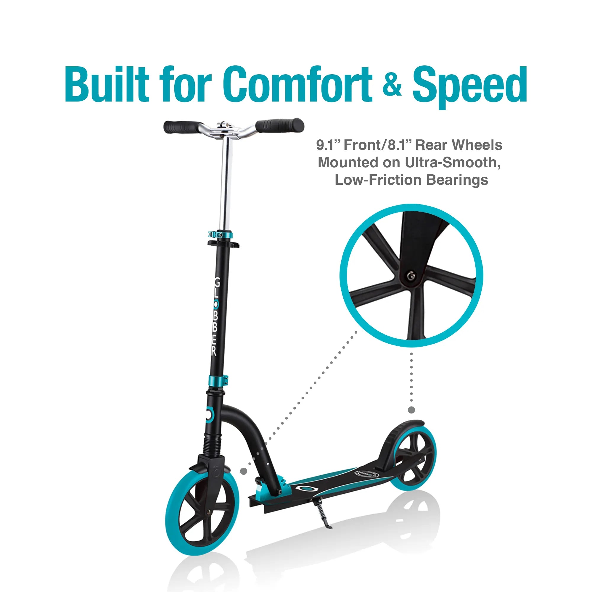 Globber NL 230-205 Duo - Premium Big Wheel Scooter - Adjustable & Foldable - Black & Teal - Ages 14-Adult