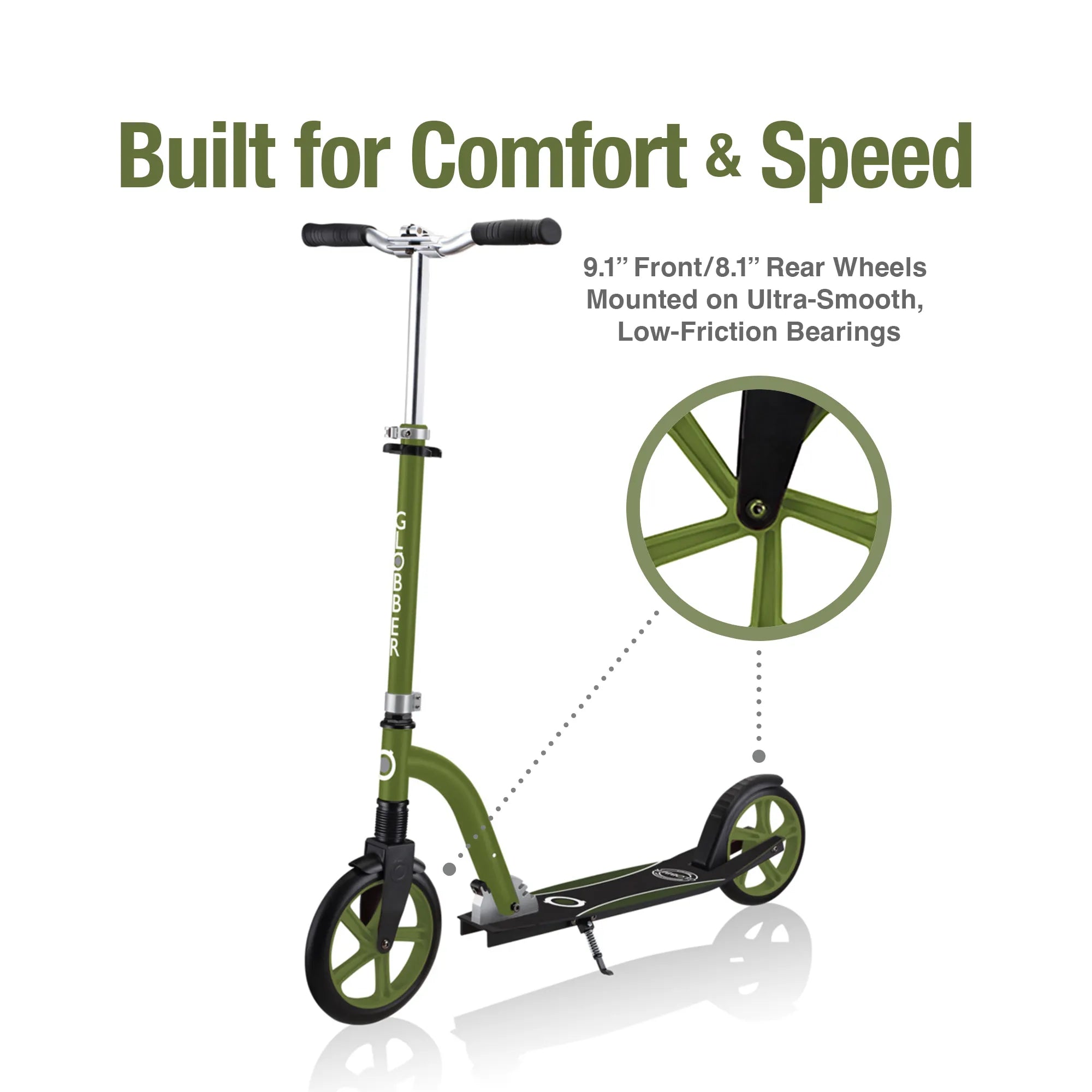 Globber NL 230-205 Duo - Premium Big Wheel Scooter - Adjustable & Foldable - Khaki Green - Ages 14-Adult