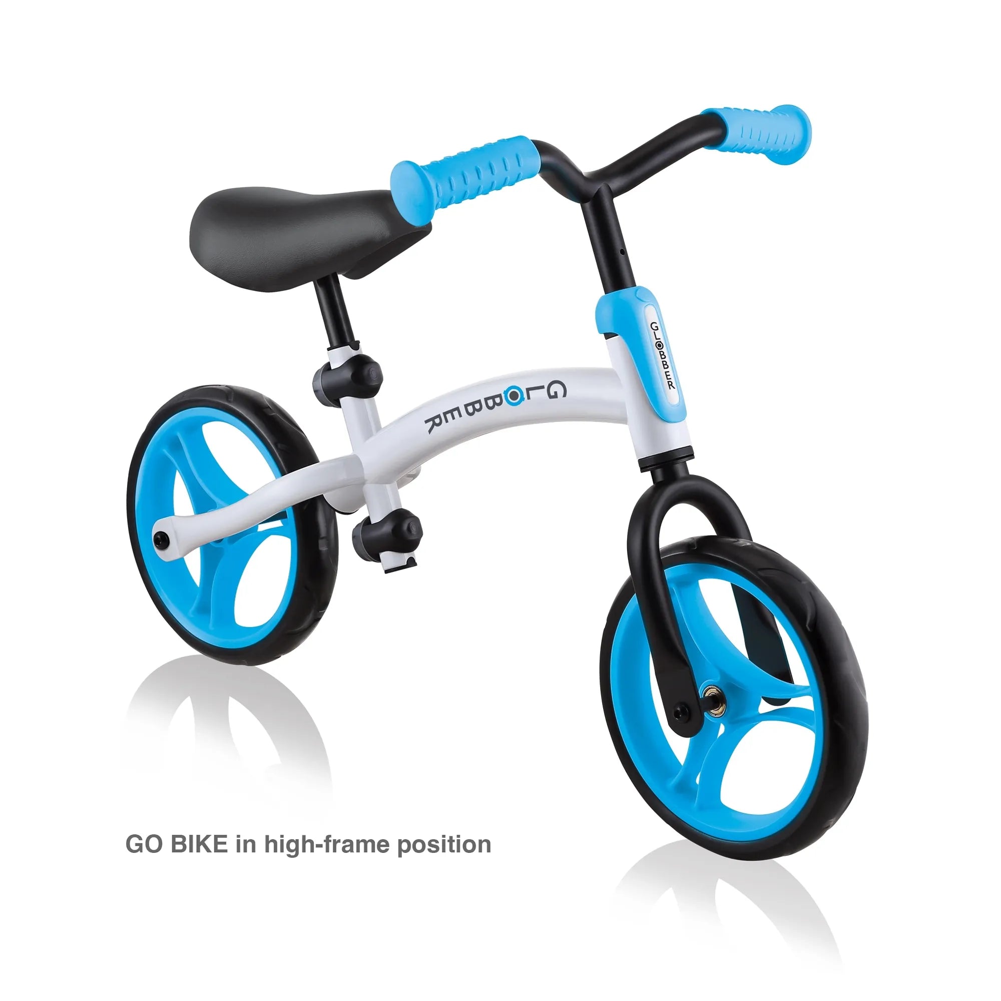 Globber Go Bike Balance Bike Black and Sky Blue Front View High Frame Option