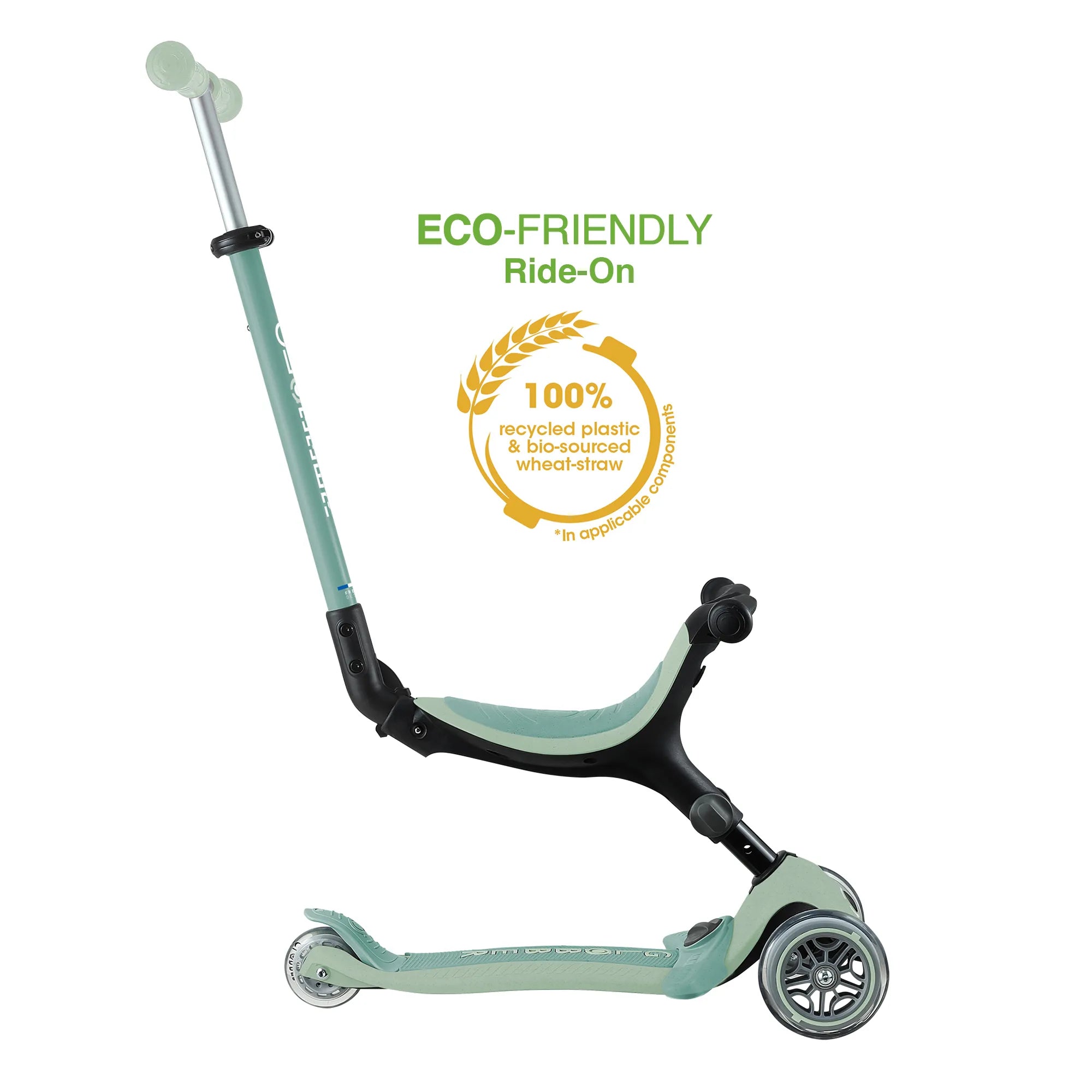 Globber GO•UP Foldable ACTIVE Ecologic 3-in-1 Scooter - 4-Height Adjustable - Award-Winning Planet-Friendly Fun - Pistachio Green - 15m-9+ yrs