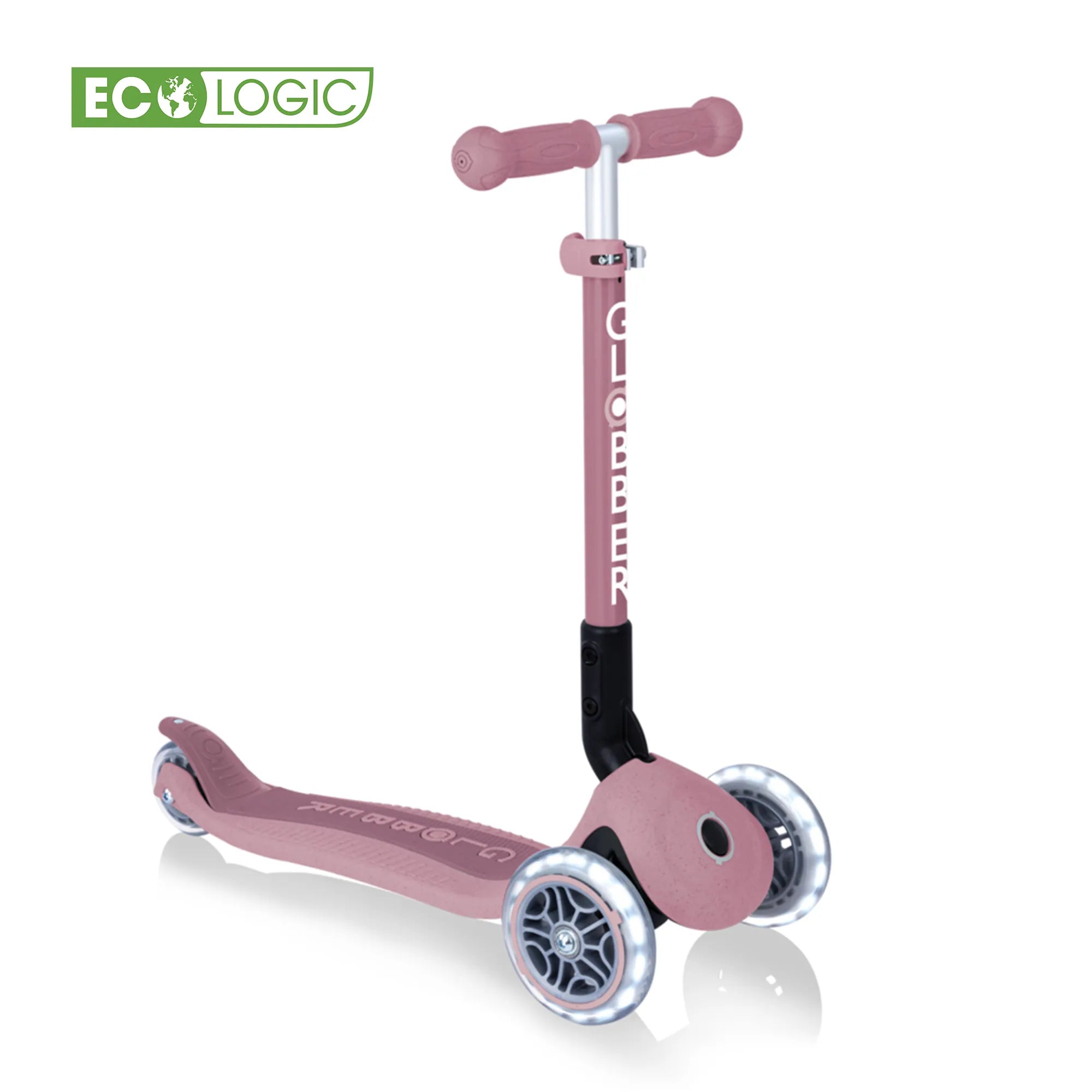 Globber junior foldable ecologic light up adjustable 3 wheel scooter berry pink with ecologic logo front right view.