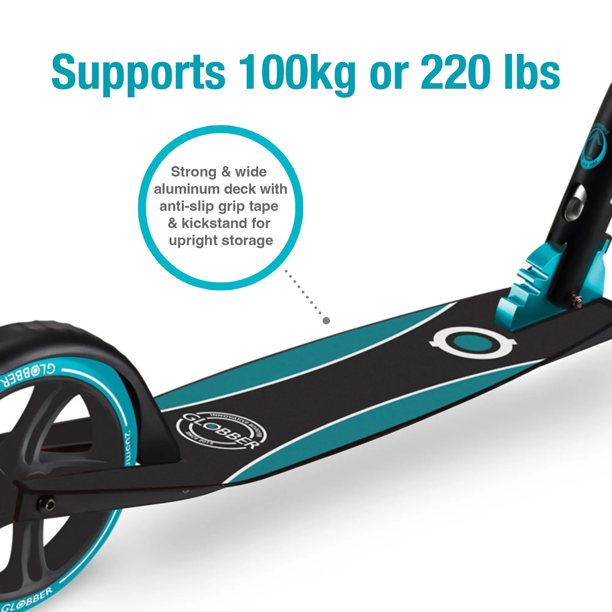 Globber NL 230-205 Duo - Premium Big Wheel Scooter - Adjustable & Foldable - Black & Teal - Ages 14-Adult