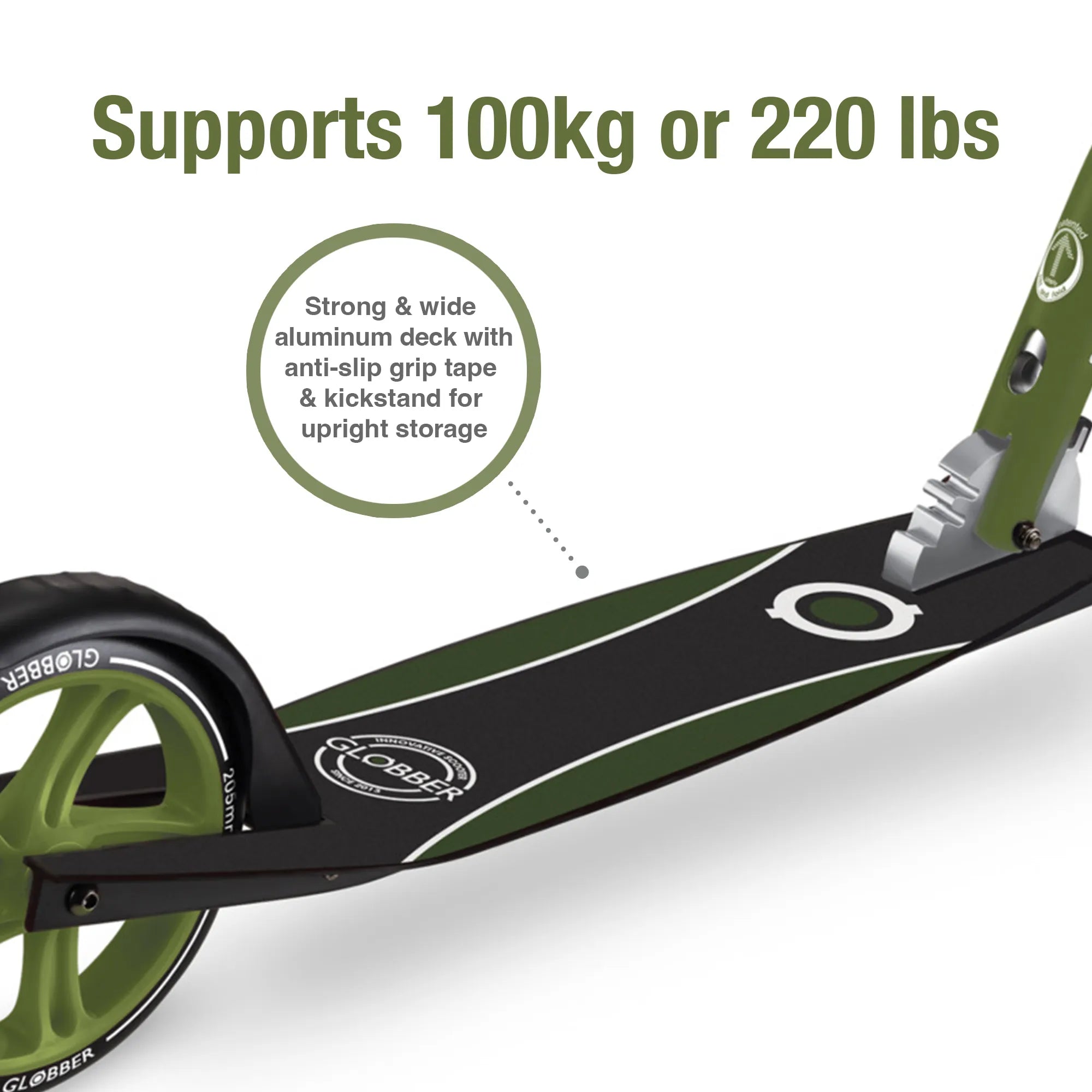 Globber NL 230-205 Duo - Premium Big Wheel Scooter - Adjustable & Foldable - Khaki Green - Ages 14-Adult