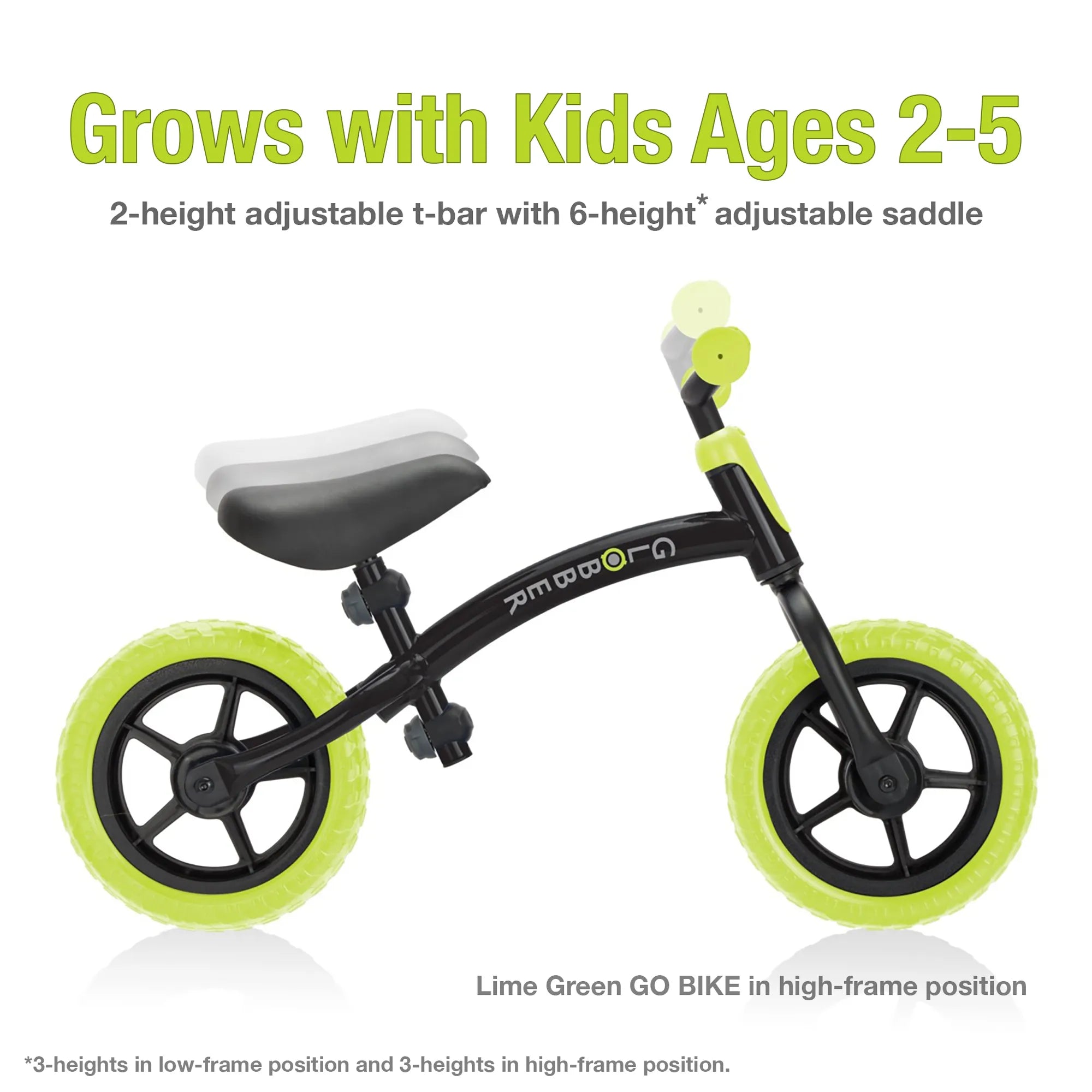 Globber go bike lime green showing side view with crossbar in low frame position. For ages 2 to 5 years old.