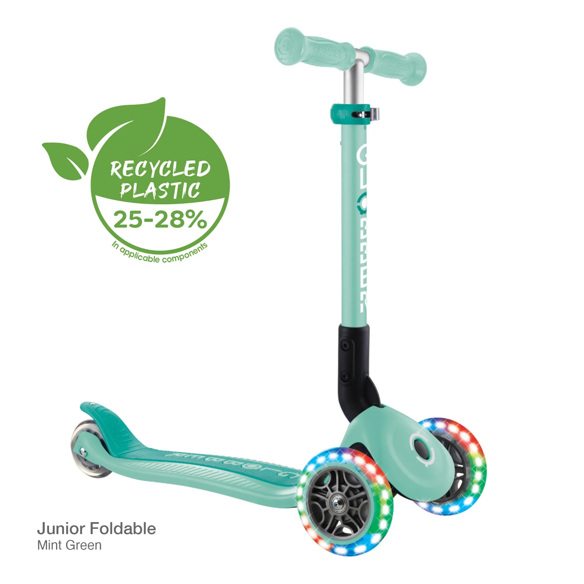 Globber Junior Foldable Lights Adjustable Scooter - Mint Green Age 3-7