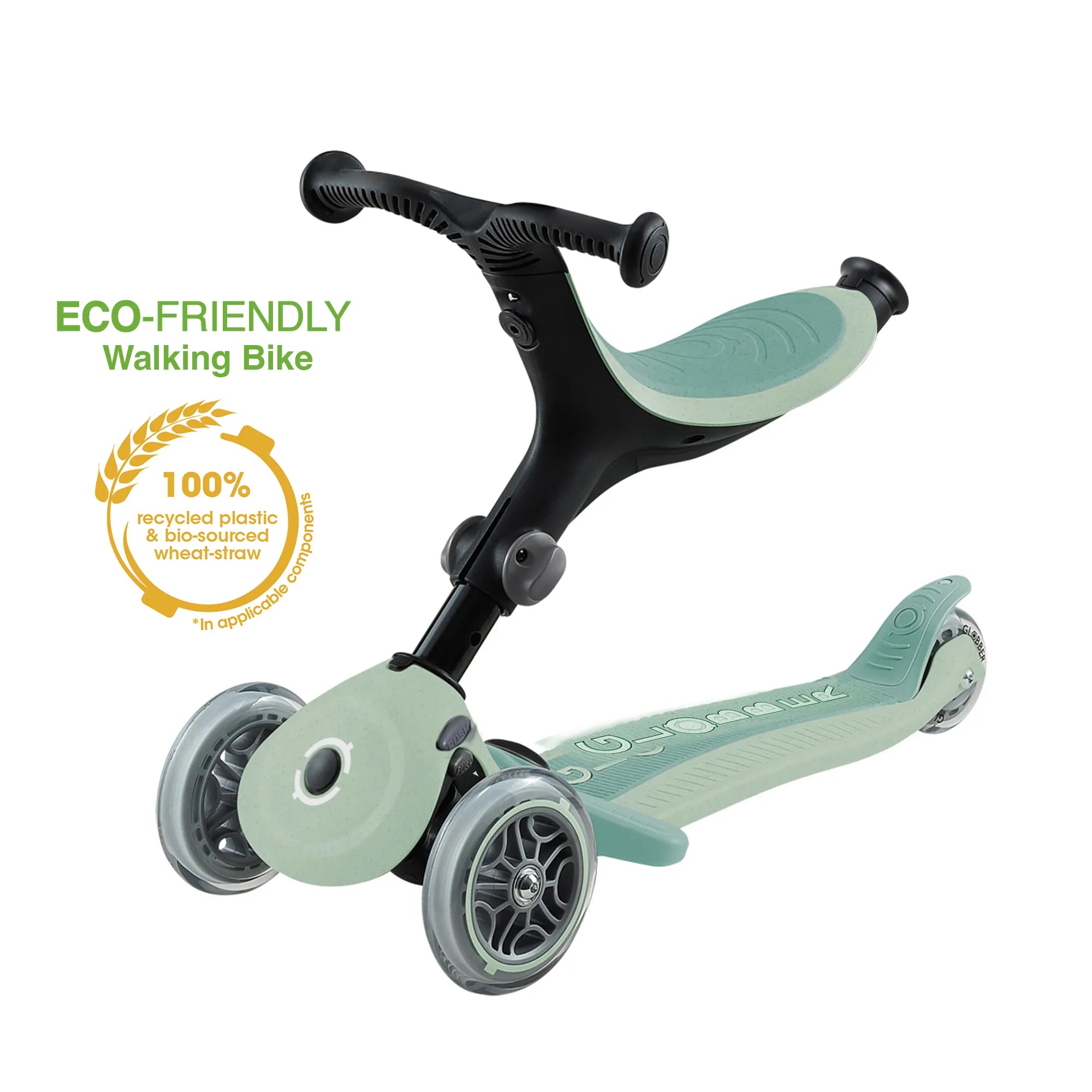 Globber GO•UP Foldable ACTIVE Ecologic 3-in-1 Scooter - 4-Height Adjustable - Award-Winning Planet-Friendly Fun - Pistachio Green - 15m-9+ yrs