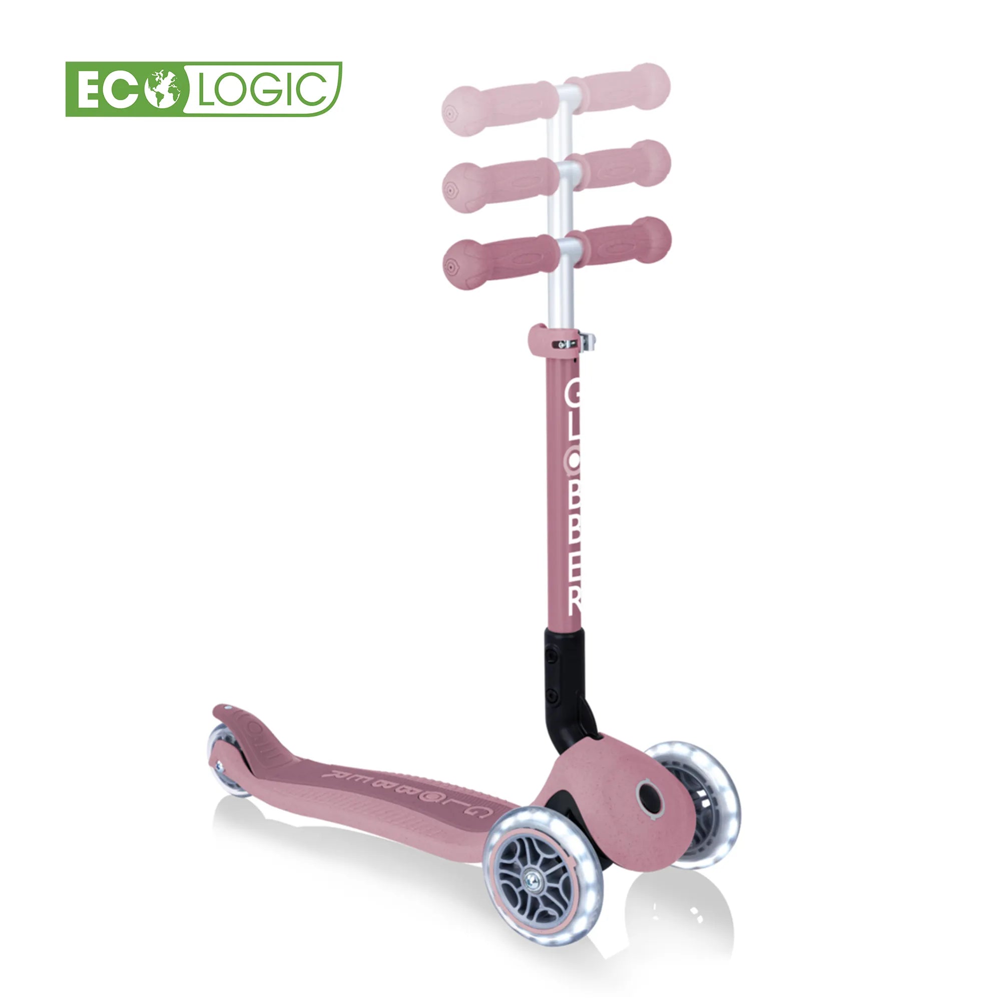 Globber junior foldable ecologic 3 wheel scooter berry pink displaying its 3 height adjustable t bar with ecologic logo.