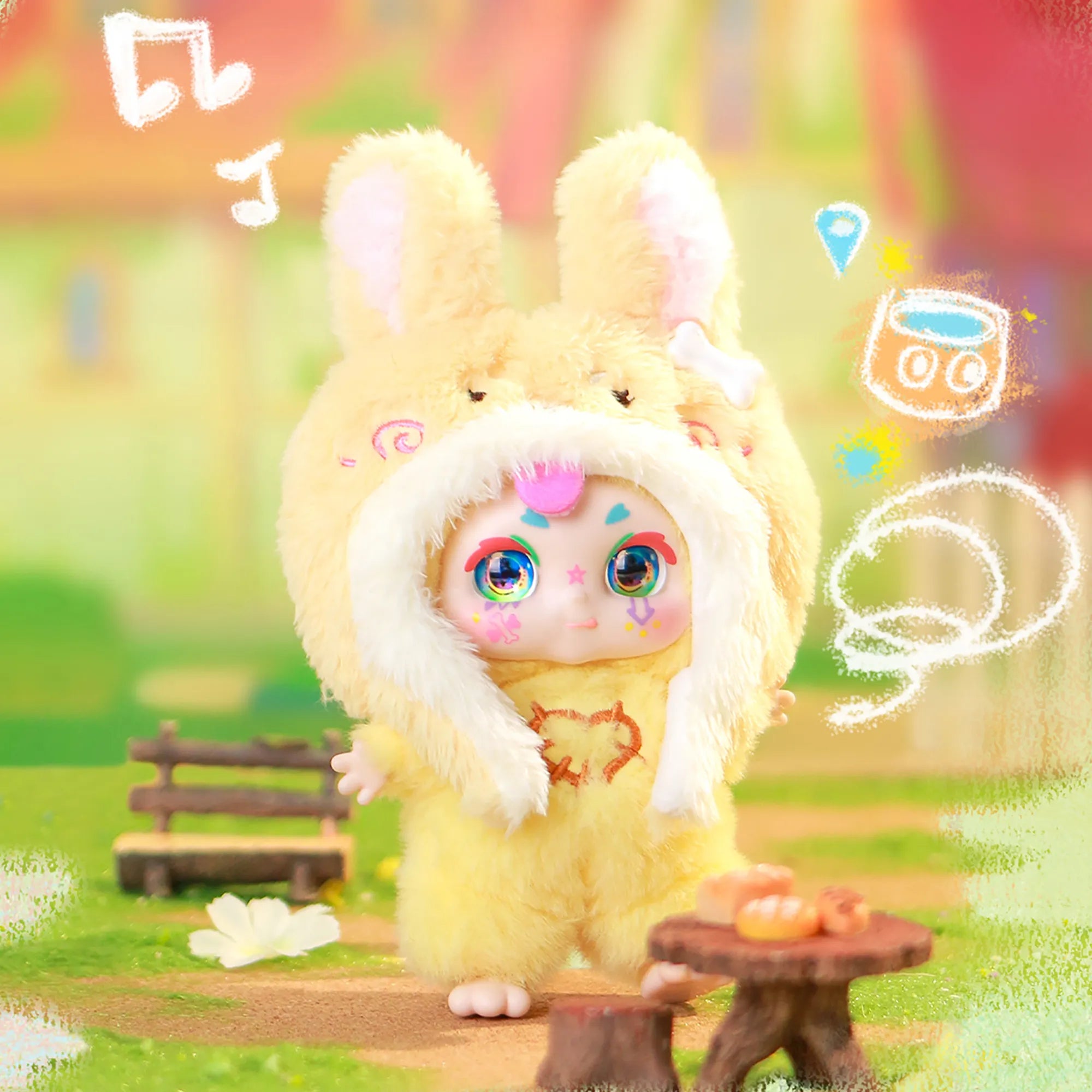 Kimmon Over The Moon yellow bunny rabbit themed premium plush doll in an outdoor garden park setting.