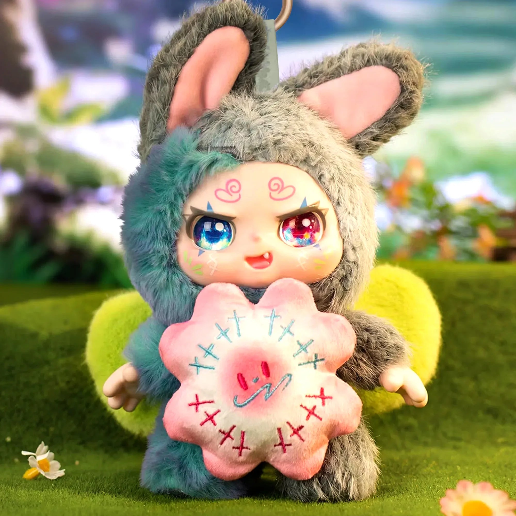 Kimmon Spring New Growth bunny rabbit themed premium plush doll in a green field setting.