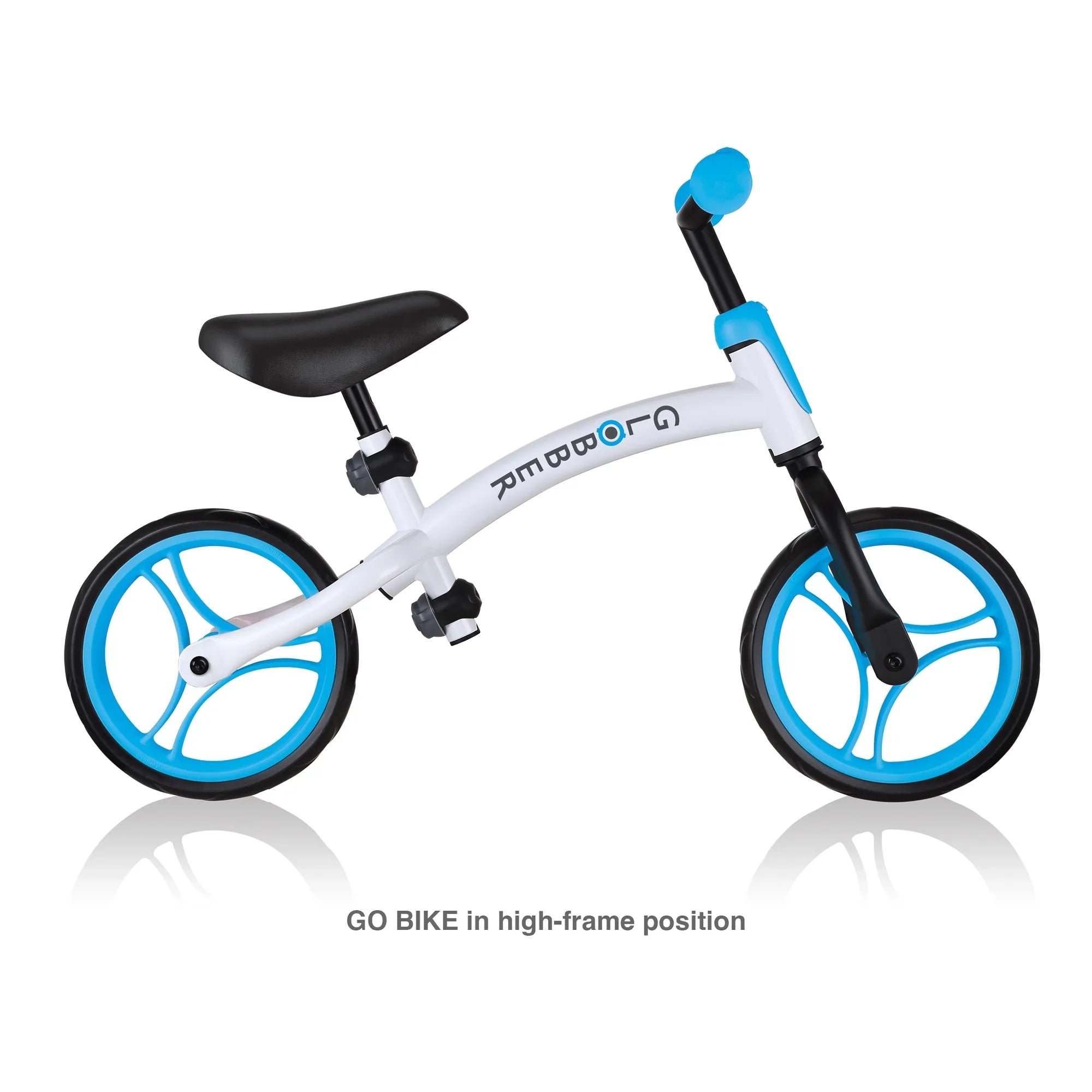 Globber Go Bike Balance Bike Black and Sky Blue Side View High Frame Option