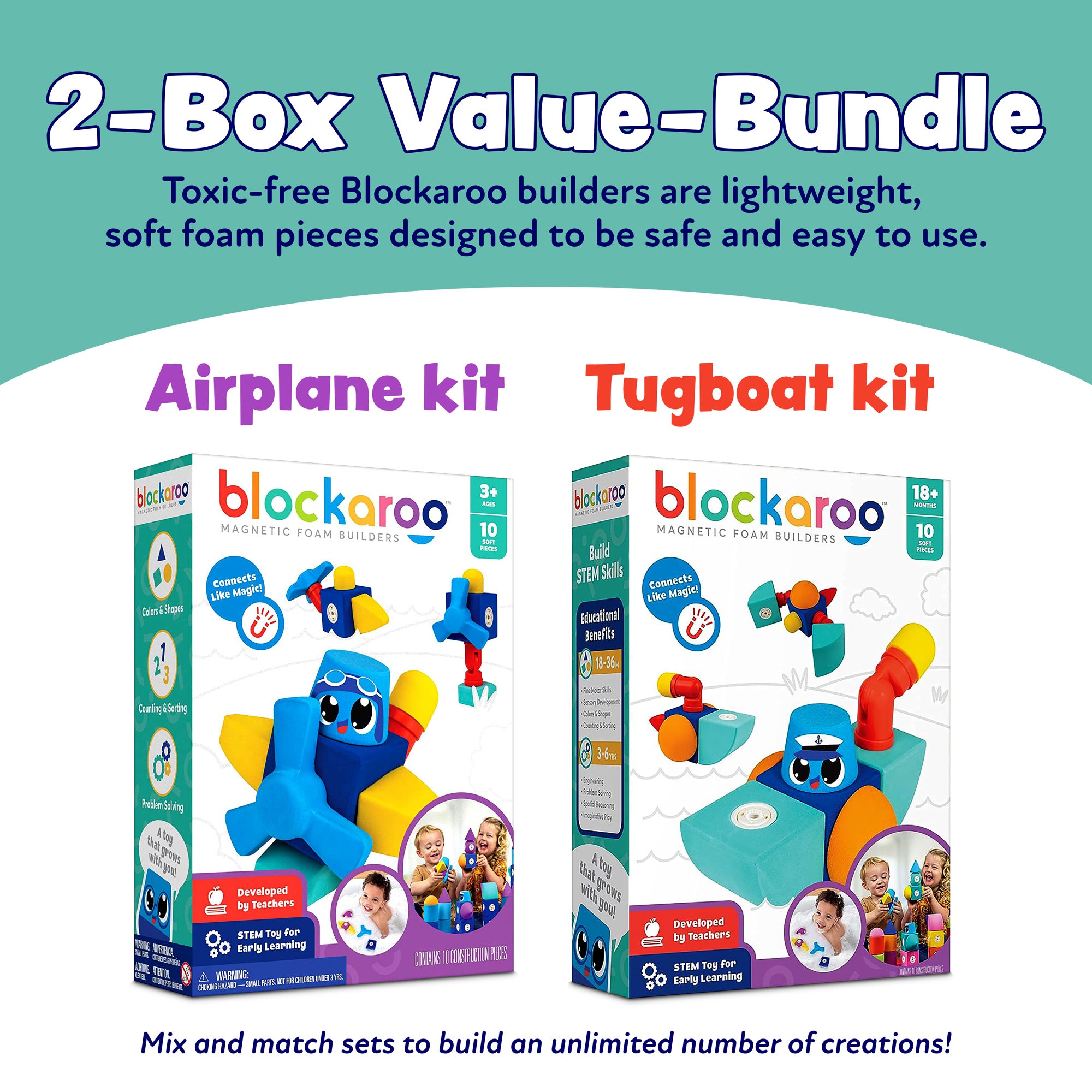 Blockaroo Logo Blockaroo 2-Box Value Magnetic Foam Building Blocks - Plane/Tug 20 Pcs