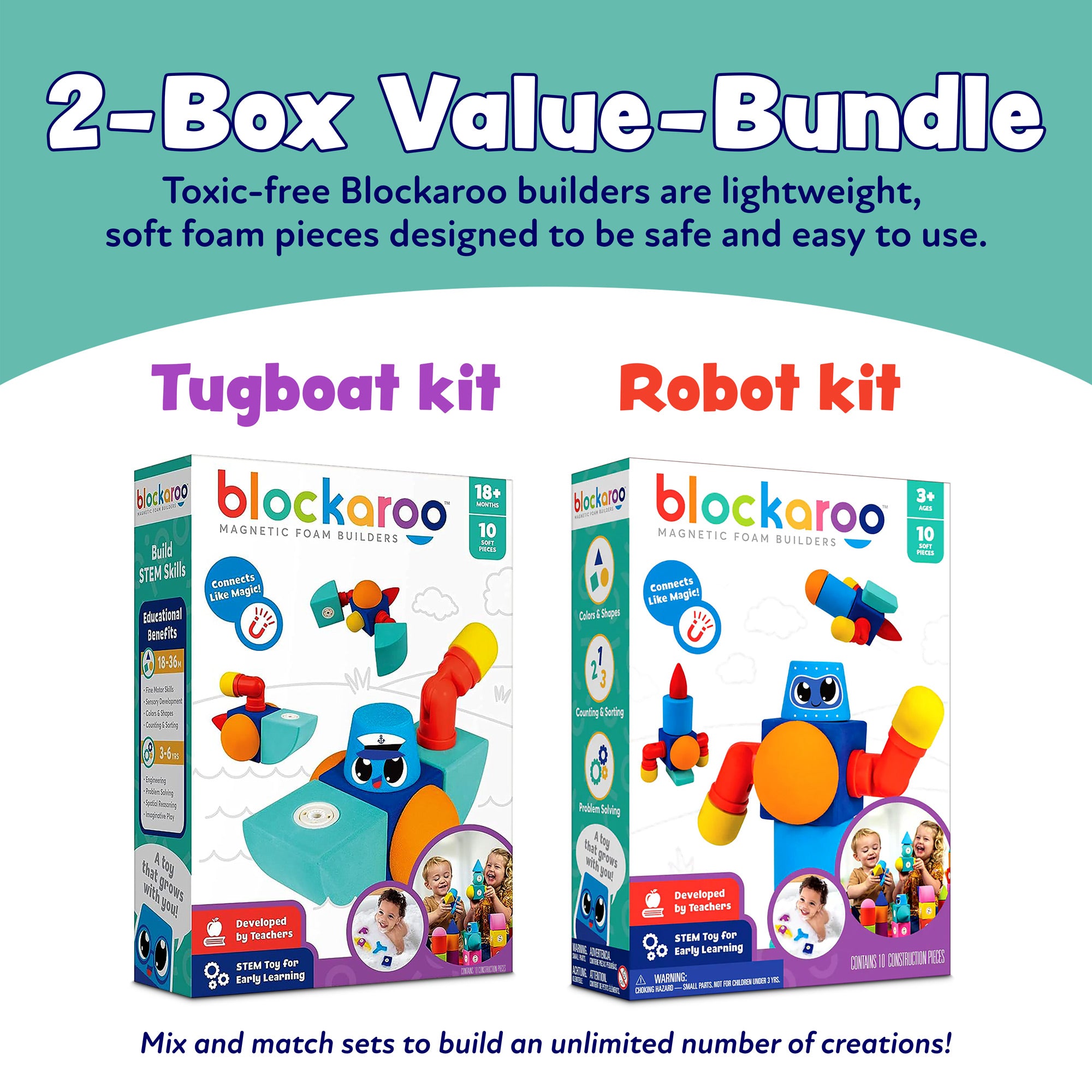 Blockaroo Robots Blockaroo 2-Box Value Magnetic Foam Building Blocks - Robot/Tug 20 Pcs