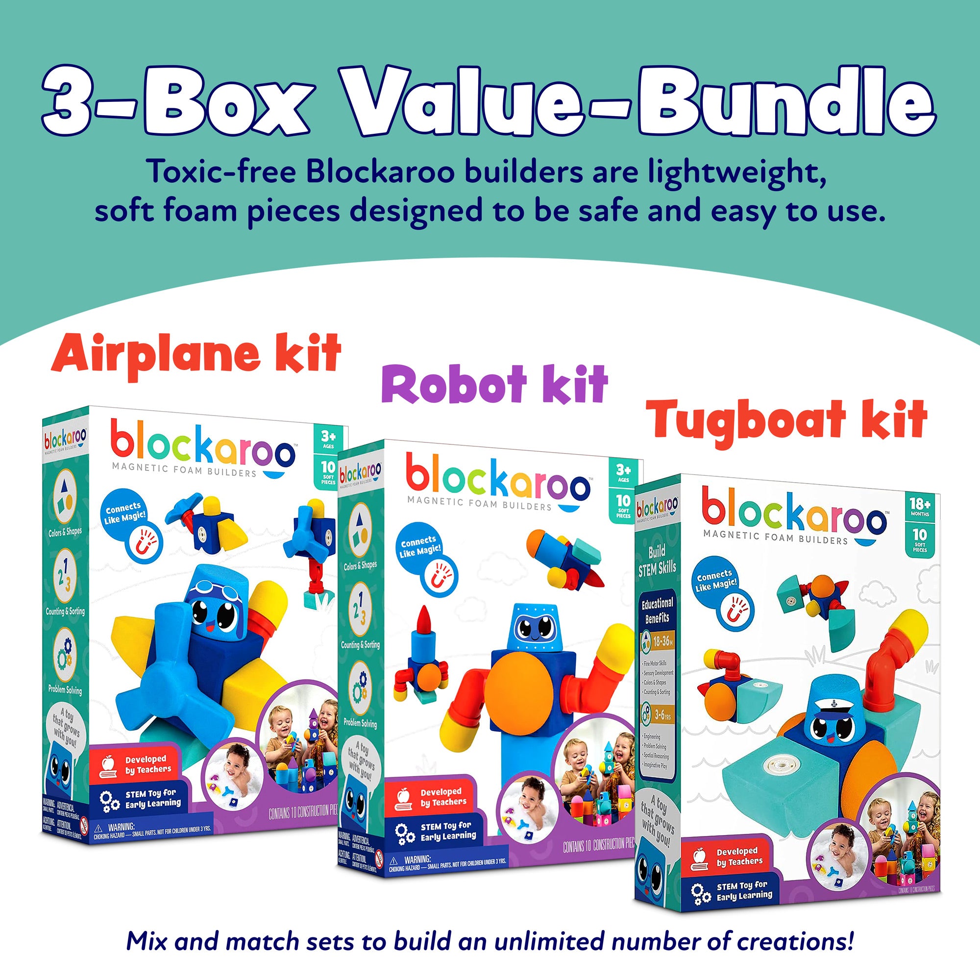 Blockaroo Robots Blockaroo 3-Box Mega Magnetic Foam Building Blocks 30 Pcs Robot/Plane/Tug