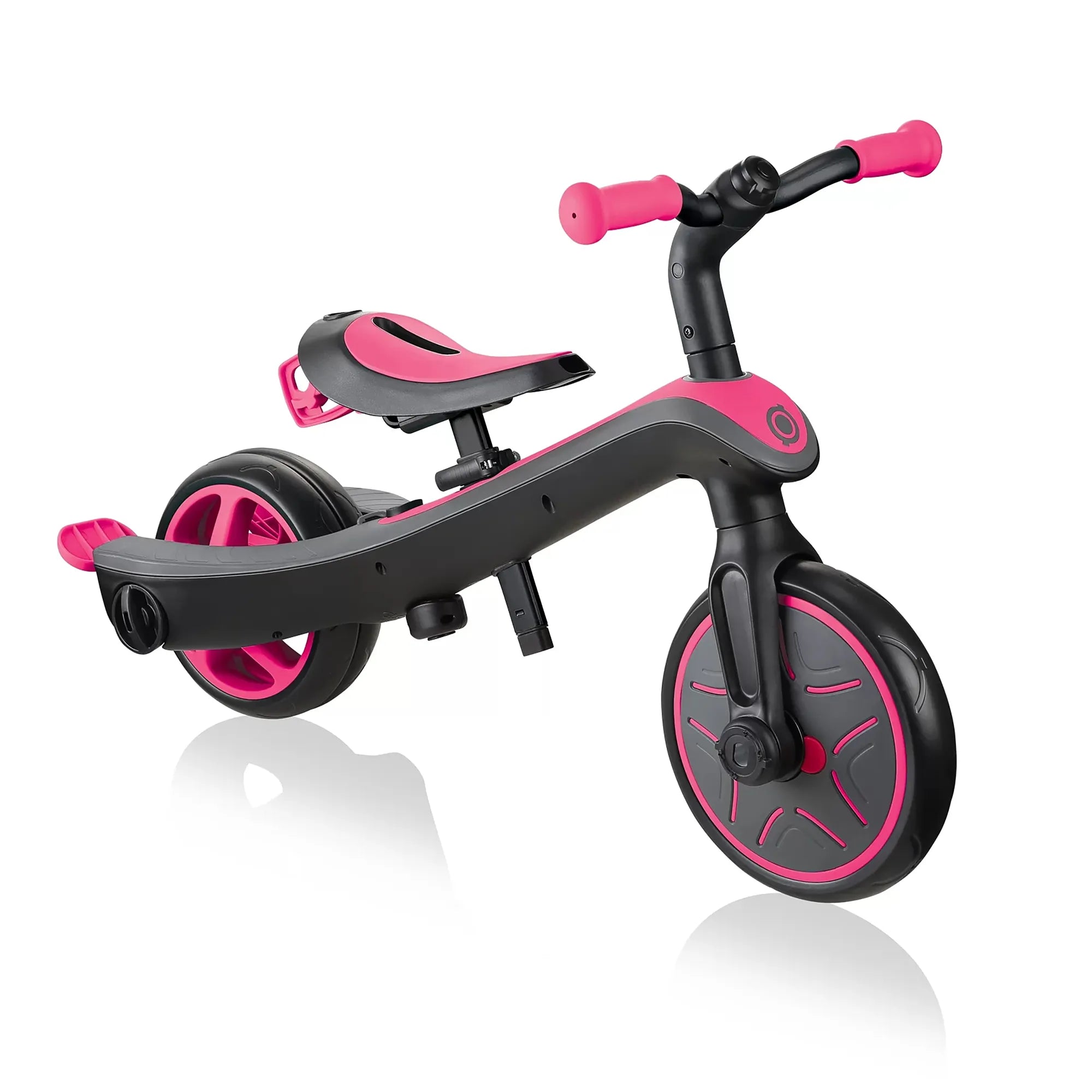 Globber Explorer Trike 4 in 1, Fuschia Pink, Balance Bike Mode, Front View, Browns Hobby & Game.