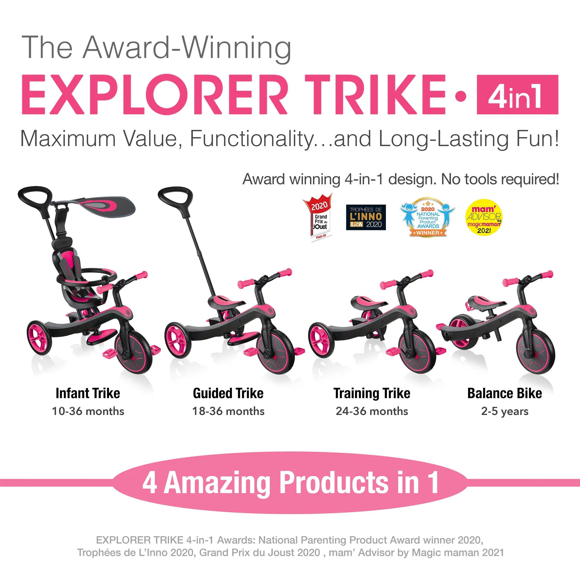 Globber Explorer Trike 4-in-1 - Fuschia Pink - Award-Winning Fun - Ages 10m-5yrs - Brown's Hobby & Game