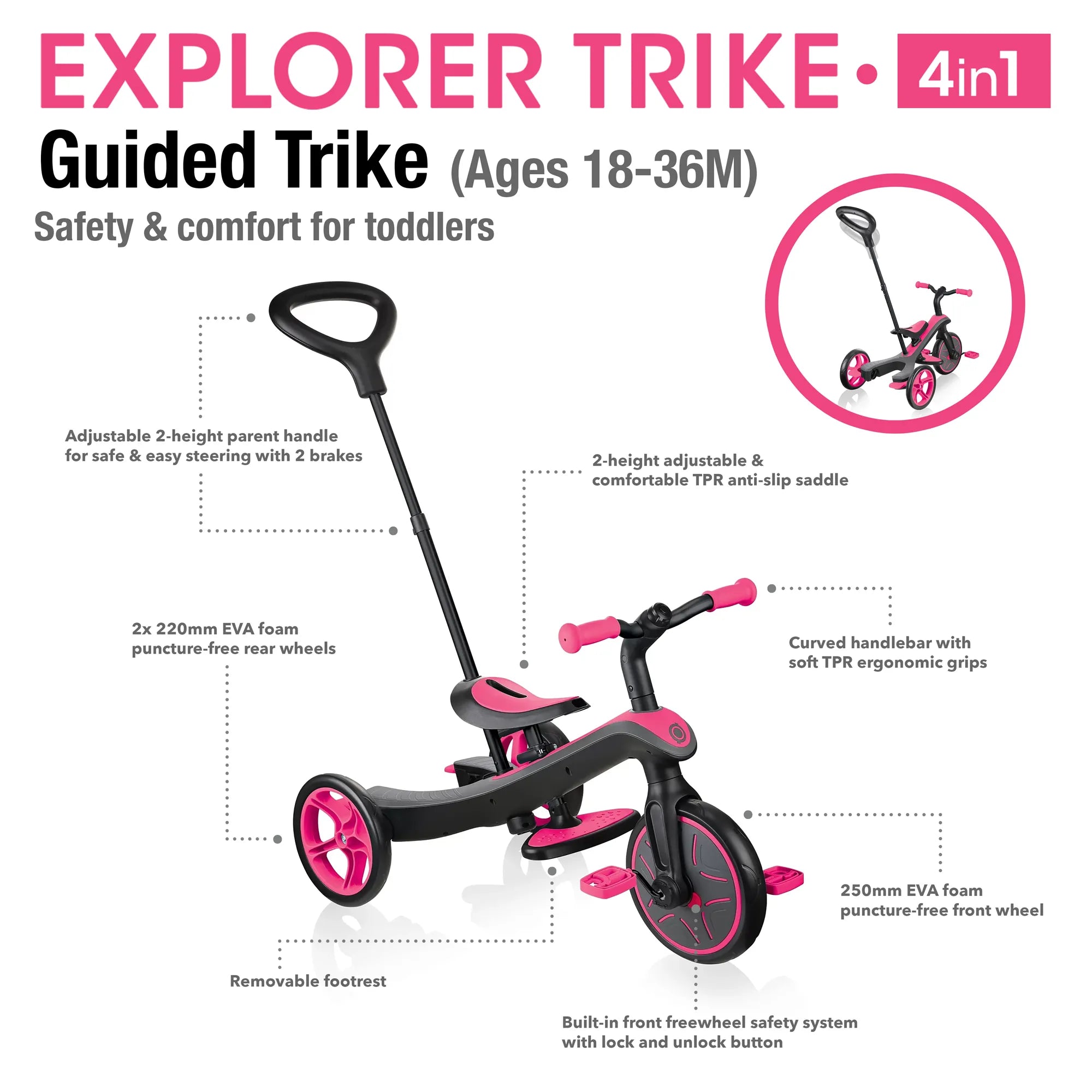 Globber Explorer Trike 4 in 1, Fuschia Pink, Guided Trike Mode, Front and Rear Views, with Features, Browns Hobby & Game.