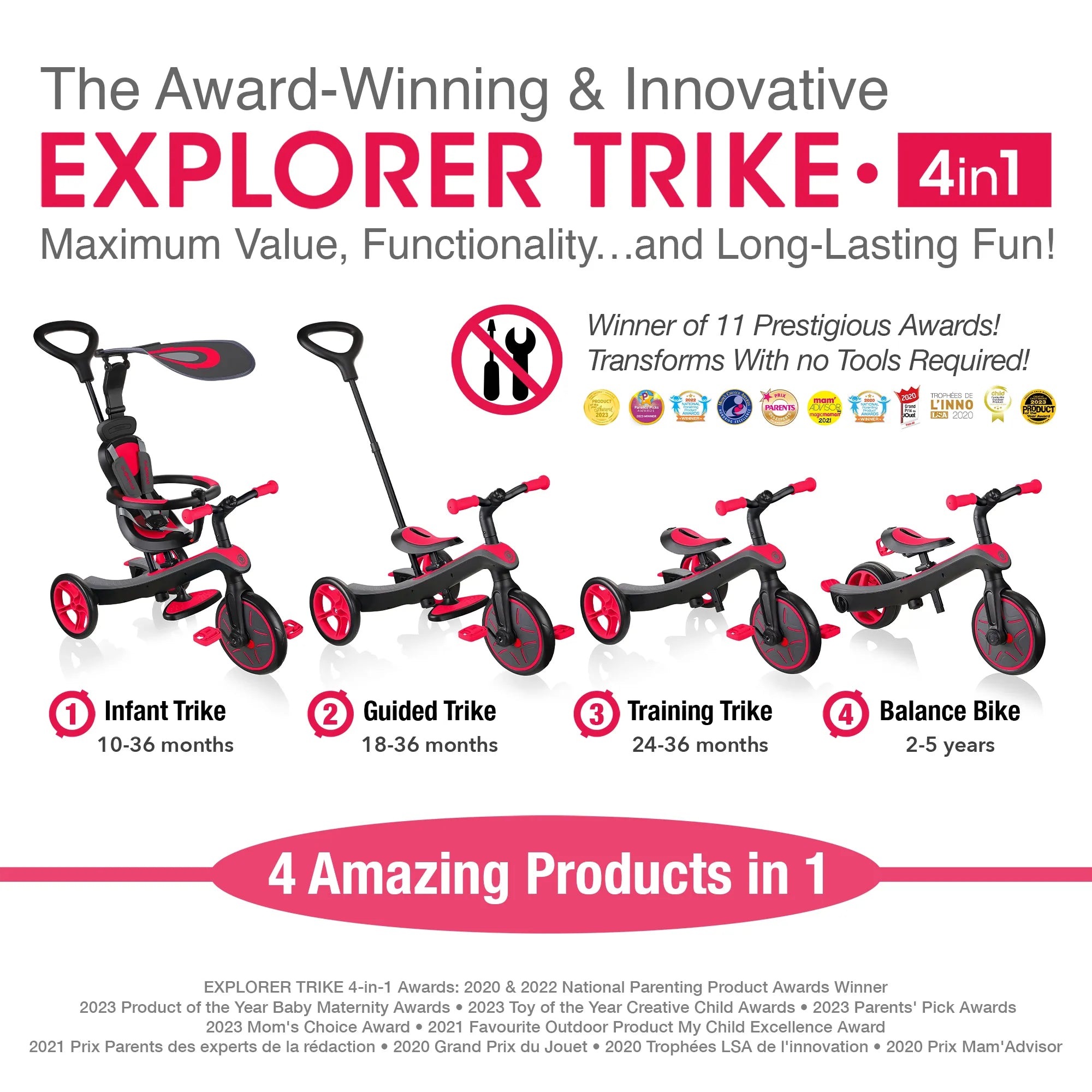 Explorer Trike 4 in 1 Infant Trike Guided Trike Learning Trike Balance Bike New Model New Red Colour Front Right Views