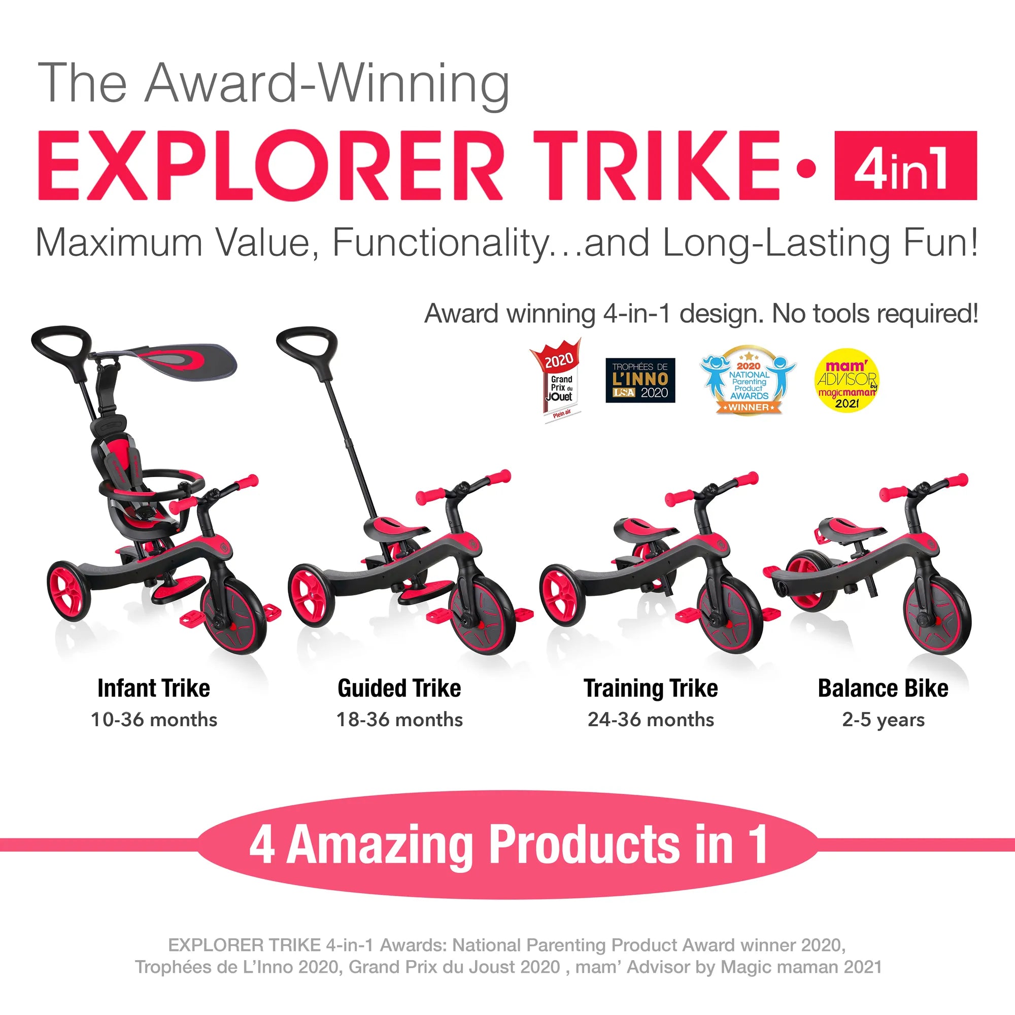 Globber Explorer Trike 4-in-1 - New Red - Award-Winning Fun - Ages 10m-5yrs - Brown's Hobby & Game