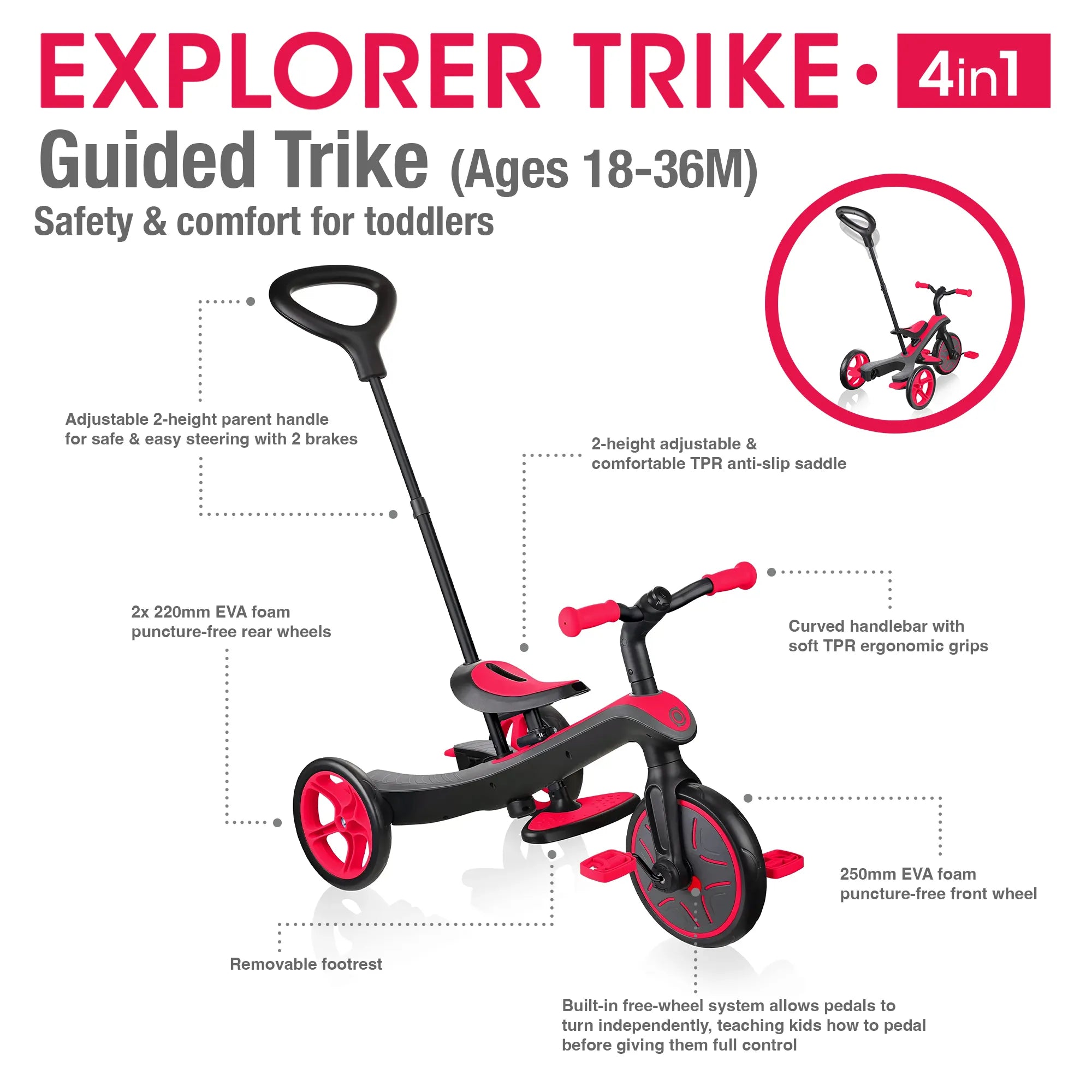 Globber Explorer Trike 4 in 1 Guided Trike Mode Key Features New Red Colour Front Right and Back Views