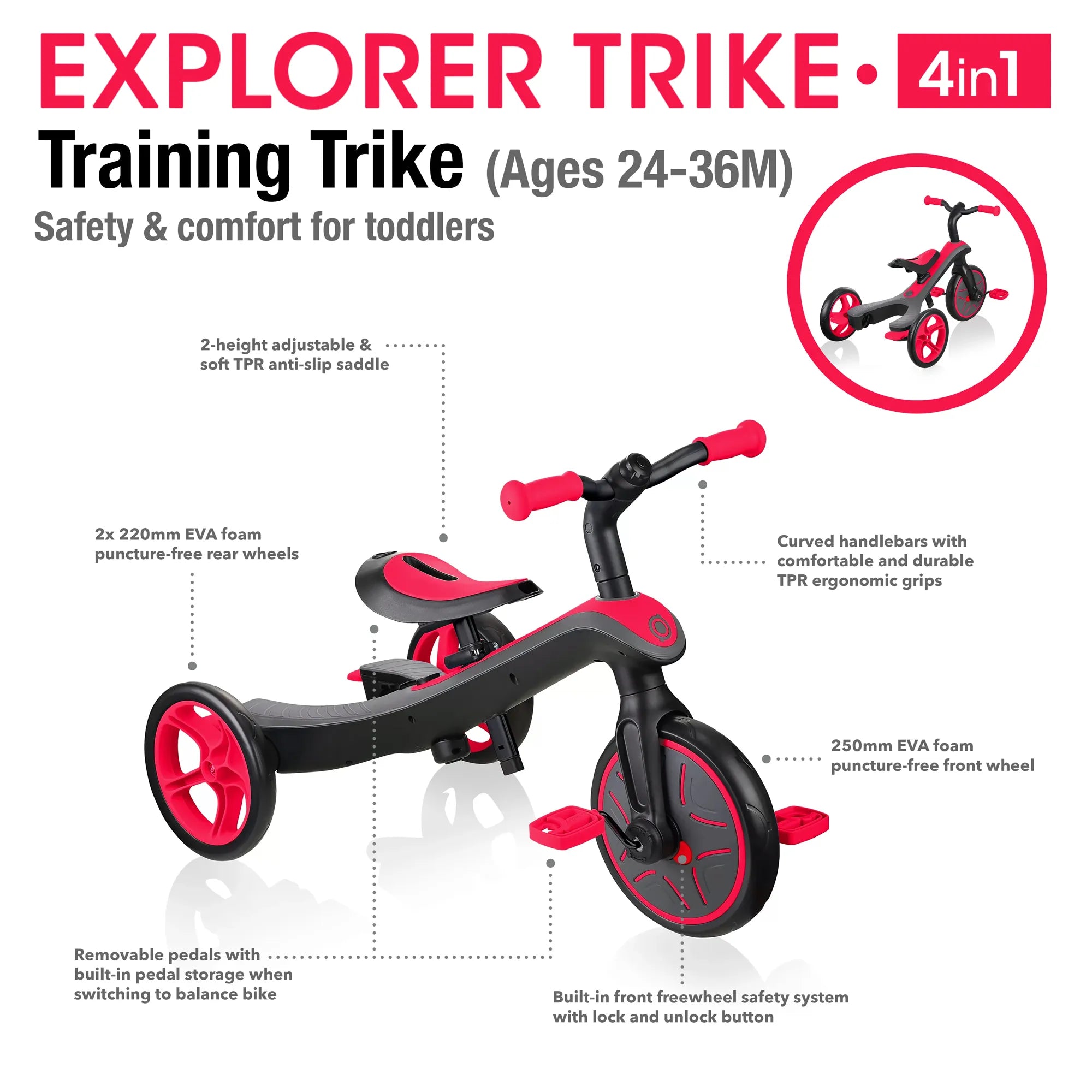 Globber Explorer Trike 4 in 1, New Red, Training Trike Mode, Front and Rear Views, with Features, Browns Hobby & Game.