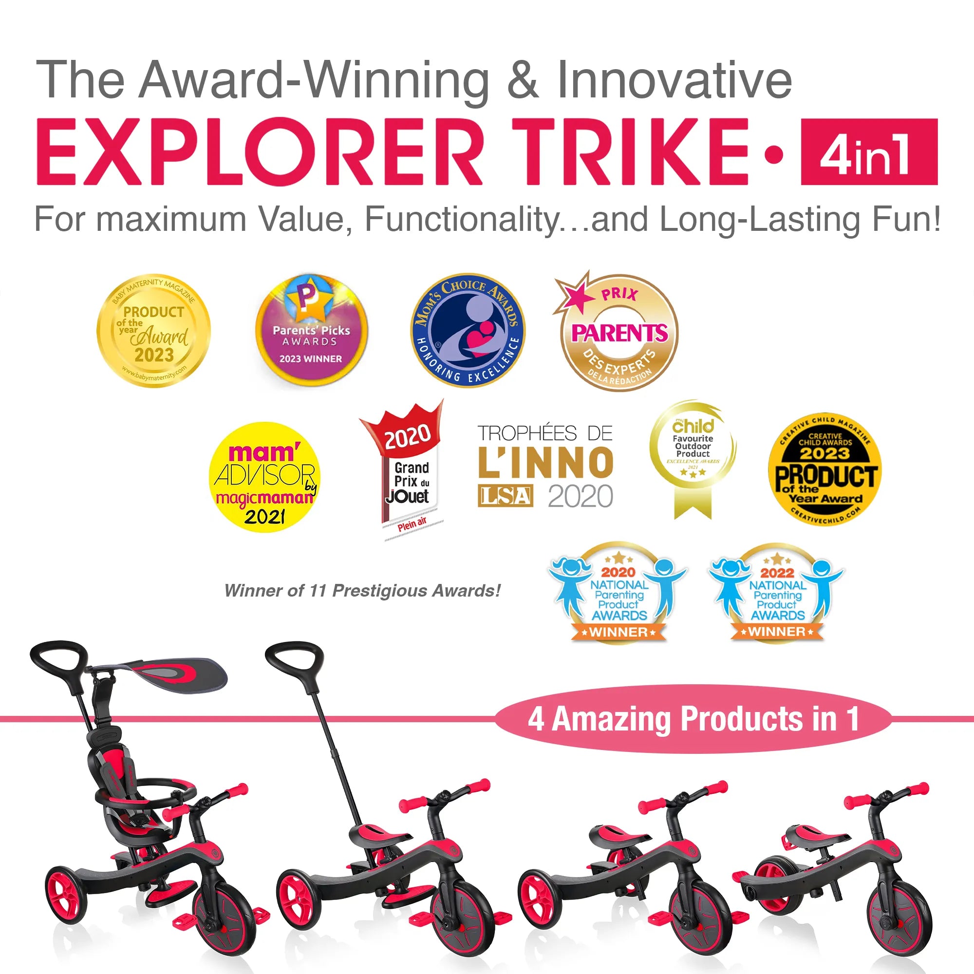 Explorer Trike 4 in 1 All Four Modes Displayed With 11 Prestigious Awards Won New Red Colour Front Right Views