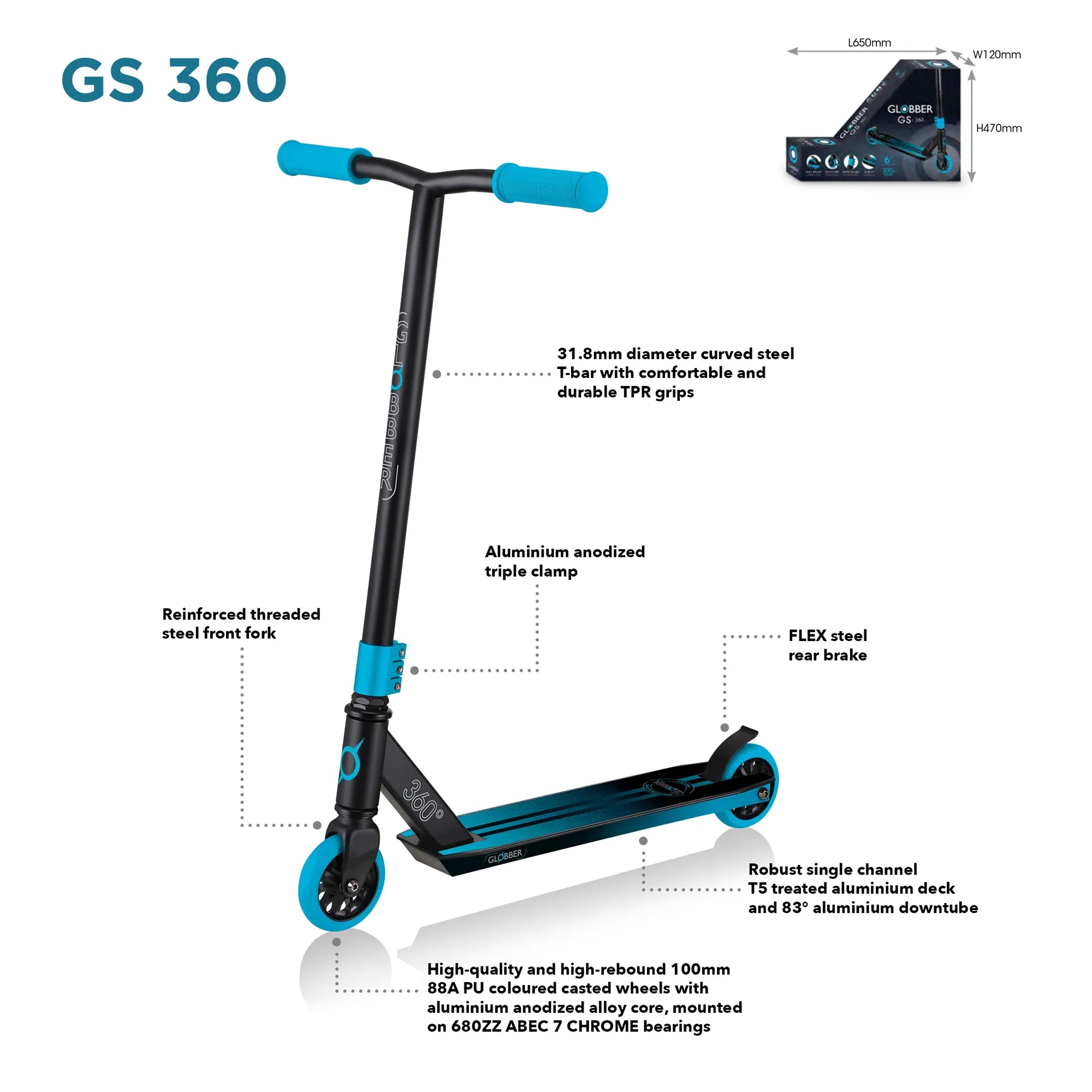 Globber GS 360 - Beginner Stunt Scooter - Black & Blue - Ages 6-Adult - Brown's Hobby & Game