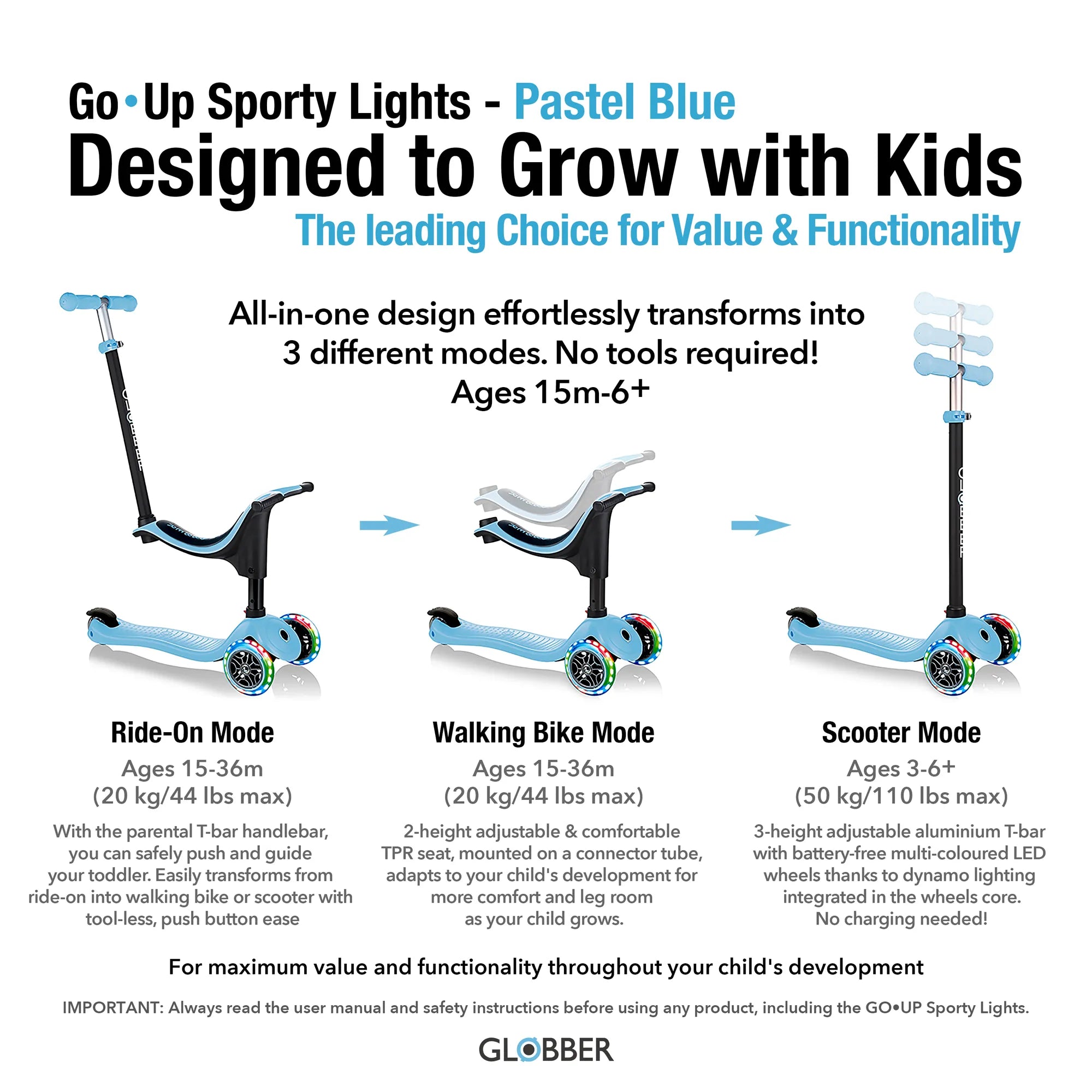 Globber Go Up Sporty 3 in 1 Kick Scooter for Kids and Toddlers | 3 Mode  Ride On Scooter for Ages 15 Months to 3+ | Adjustable Outdoor Ride on Toy  for