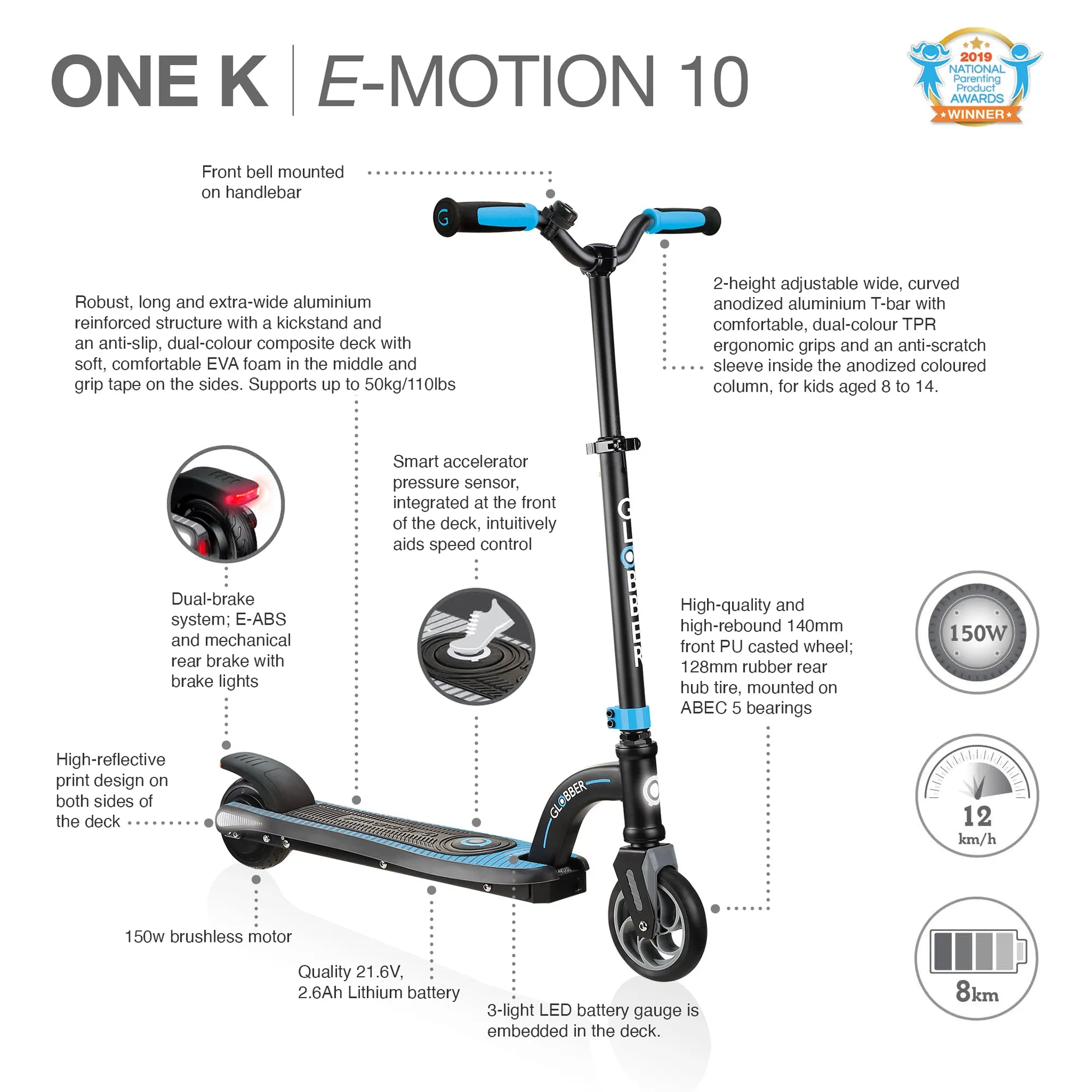 Globber One K E-Motion 10 - Black & Sky Blue - Award-Winning e-Scooter - Ages 8-14+ - Brown's Hobby & Game