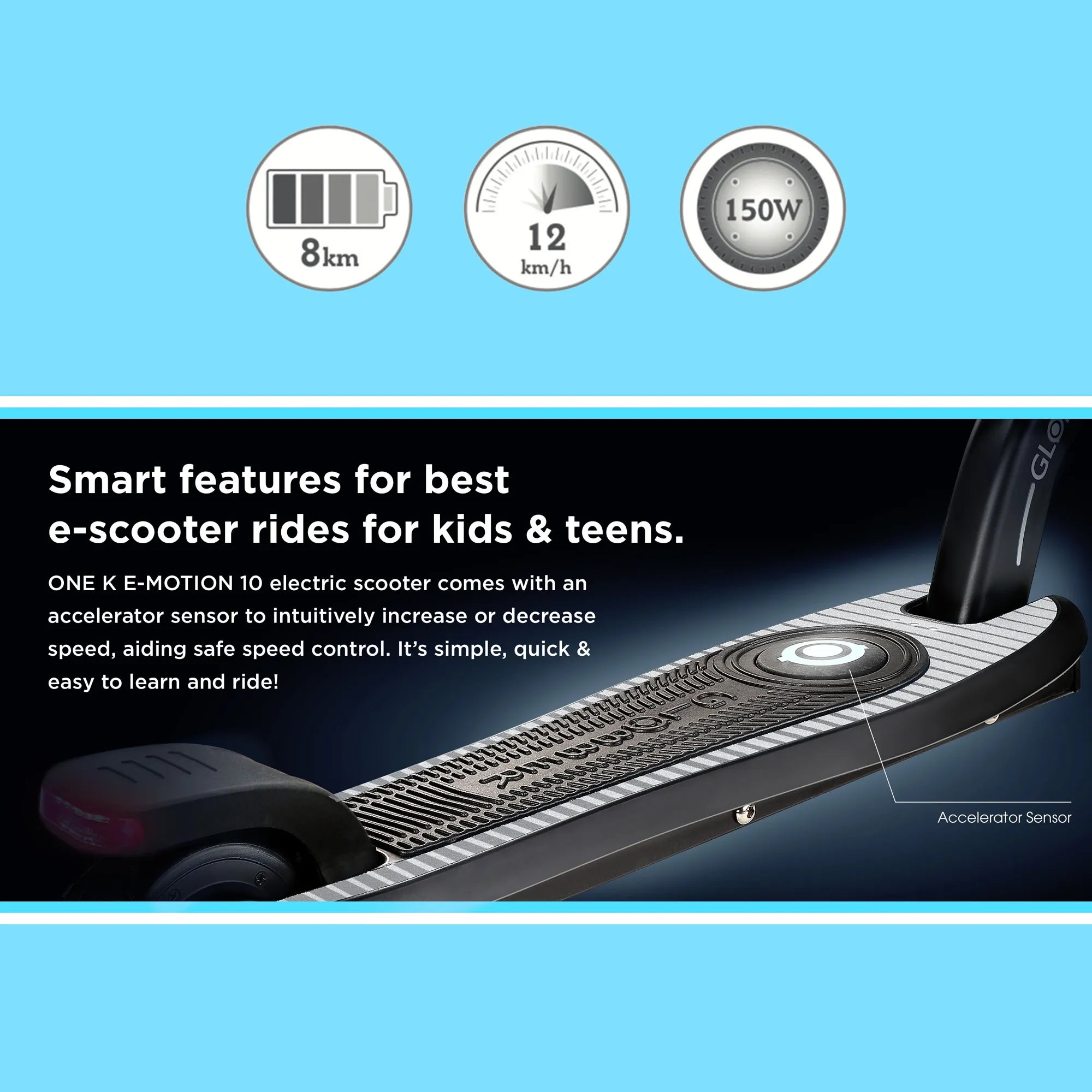 Globber One K E-Motion 10 - Black & Sky Blue - Award-Winning e-Scooter - Ages 8-14+ - Brown's Hobby & Game