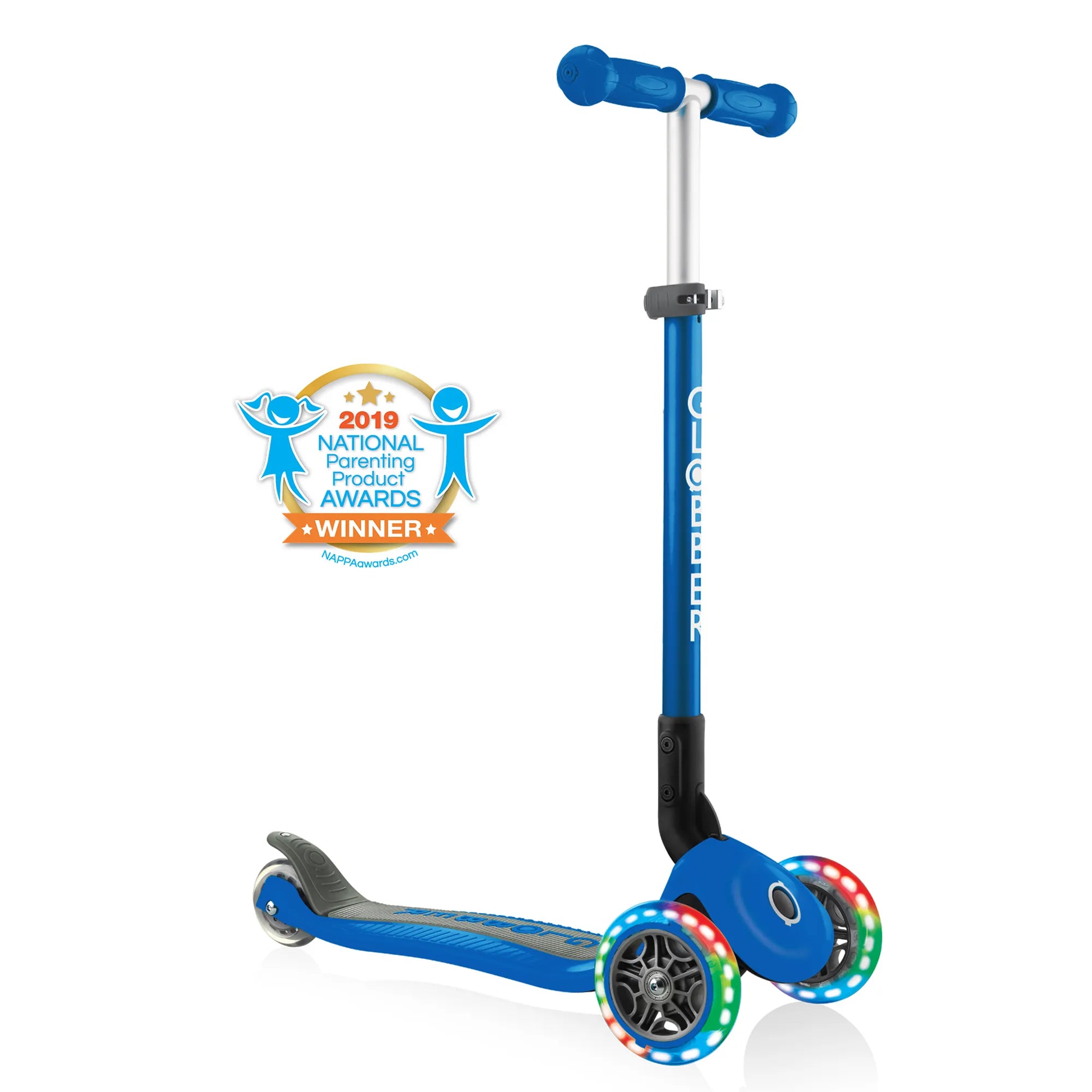 Globber Primo Foldable Lights - Navy Blue - Award-Winning Scooter - Ages 3-6+ - Brown's Hobby & Game